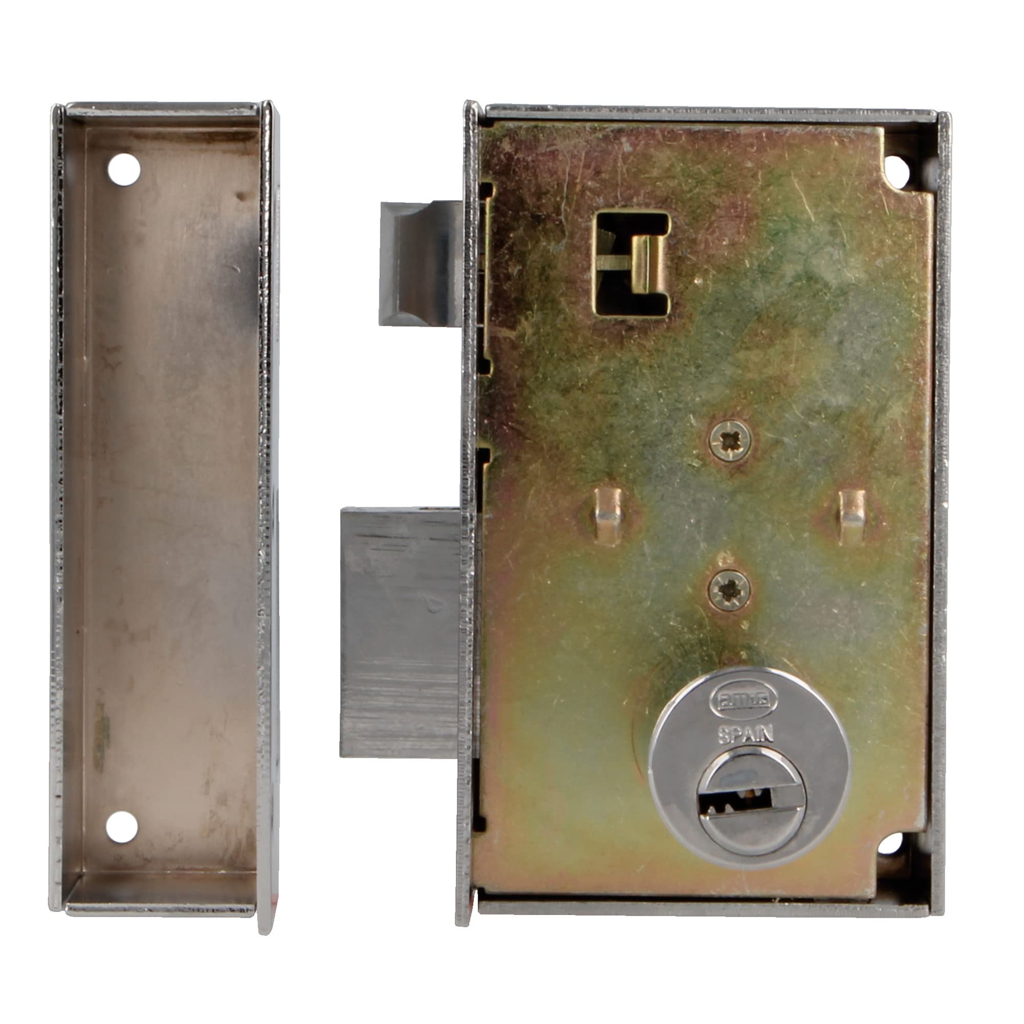 Amig - Cerradura de Sobreponer de Derecha con Palanca de Cierre, Lengüeta y Tirador para Puertas de Madera Mod. 75, 67 x 112 mm, Cilindro Redondo de Seguridad, Acero Plateado