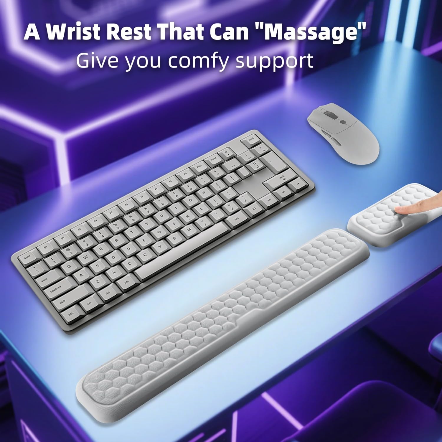 Wrist Rest for Keyboard and Mouse, Upgrade Enlarge Mouse Pad Wrist Rest, Ergonomic Memory Foam, Non-Slip Base for Computer Gaming & Office Work, 2 Piece Set, Grey (14.17x3.15+5.9x3.15 inch)