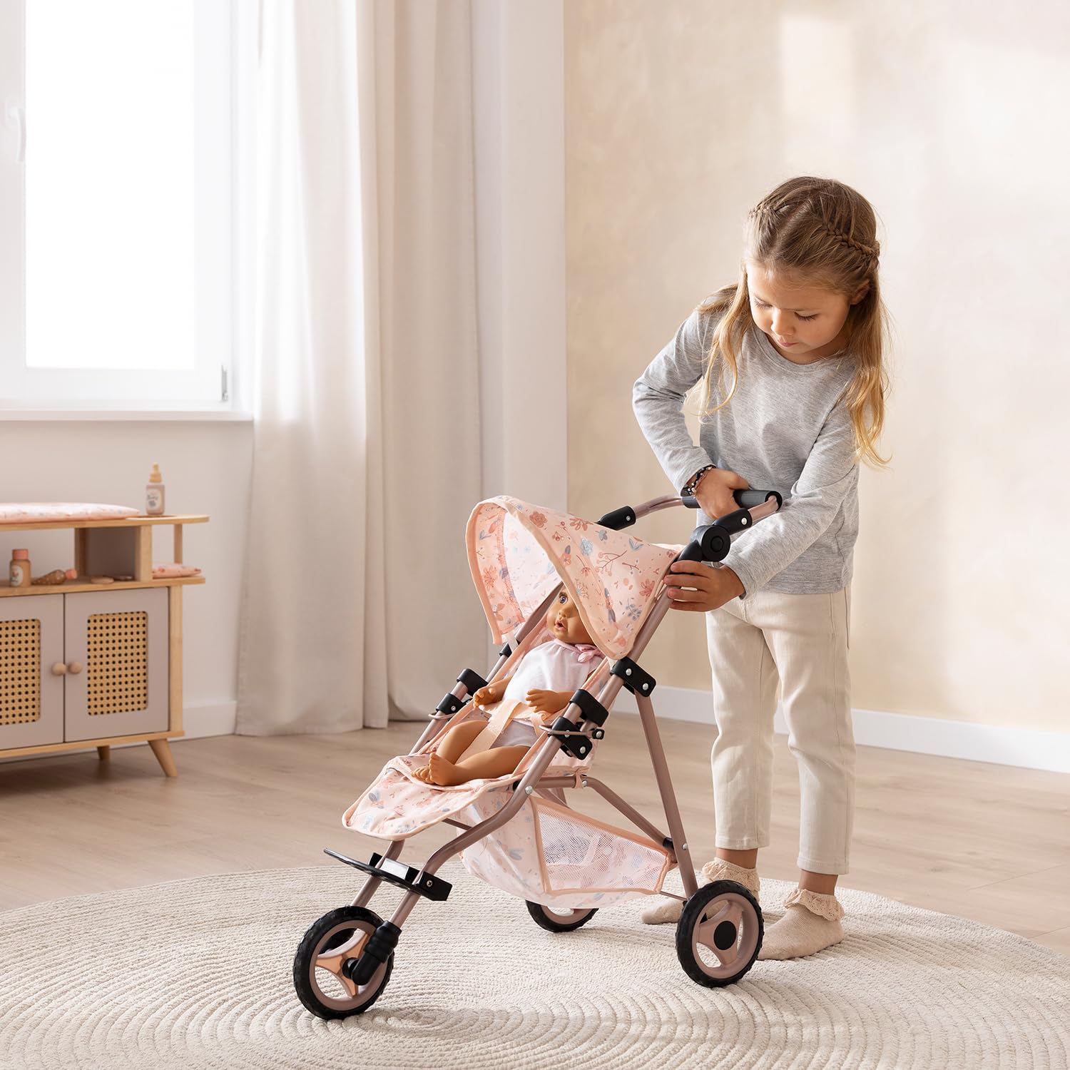 howa Puppenbuggy „miniflowers“ – eleganter Puppenwagen - Jogger für Puppen bis 50 cm, Puppenjogger mit höhenverstellbaren Schiebegriff 2260