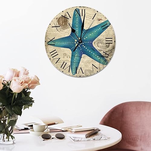 Miniatura 234 de ArogGeld Reloj de pared con diseño de estrella de mar antigua francesa, de cloruro de polivinilo, con números romanos, de 10 pulgadas, funciona