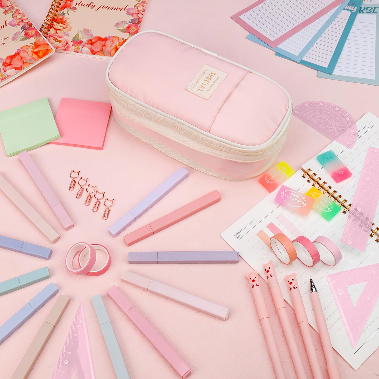 gyoyede 82pcs Aesthetic School Supplies Stationery Set including Pencil Case,Pastel Highlighters Gel Pens Mechanical Pencils 0.5 & 0.7mm,Essentials Stationary Set for Students Back to School Supplies(Pink) - Image 2
