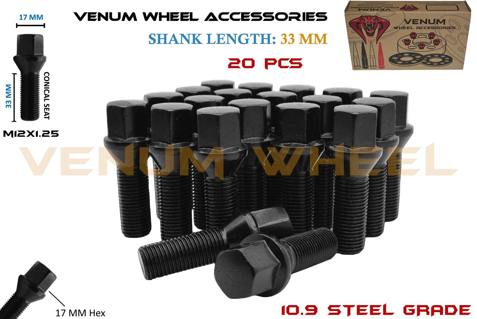 Complete Set of M12x1.25 Black Powder Coated Tapered Conical Seat Lug Bolts 33 MM Extended Shank Length Compatible with Jeep Fiat Dodge Chrysler Alfa Romeo Factory & Aftermarket Wheels