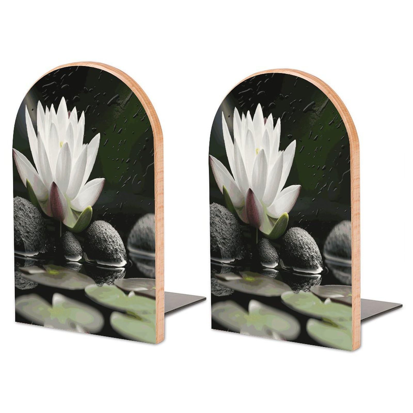 Lotus and Black Zen Stones Wood Bookend for Shelves 1 Pair