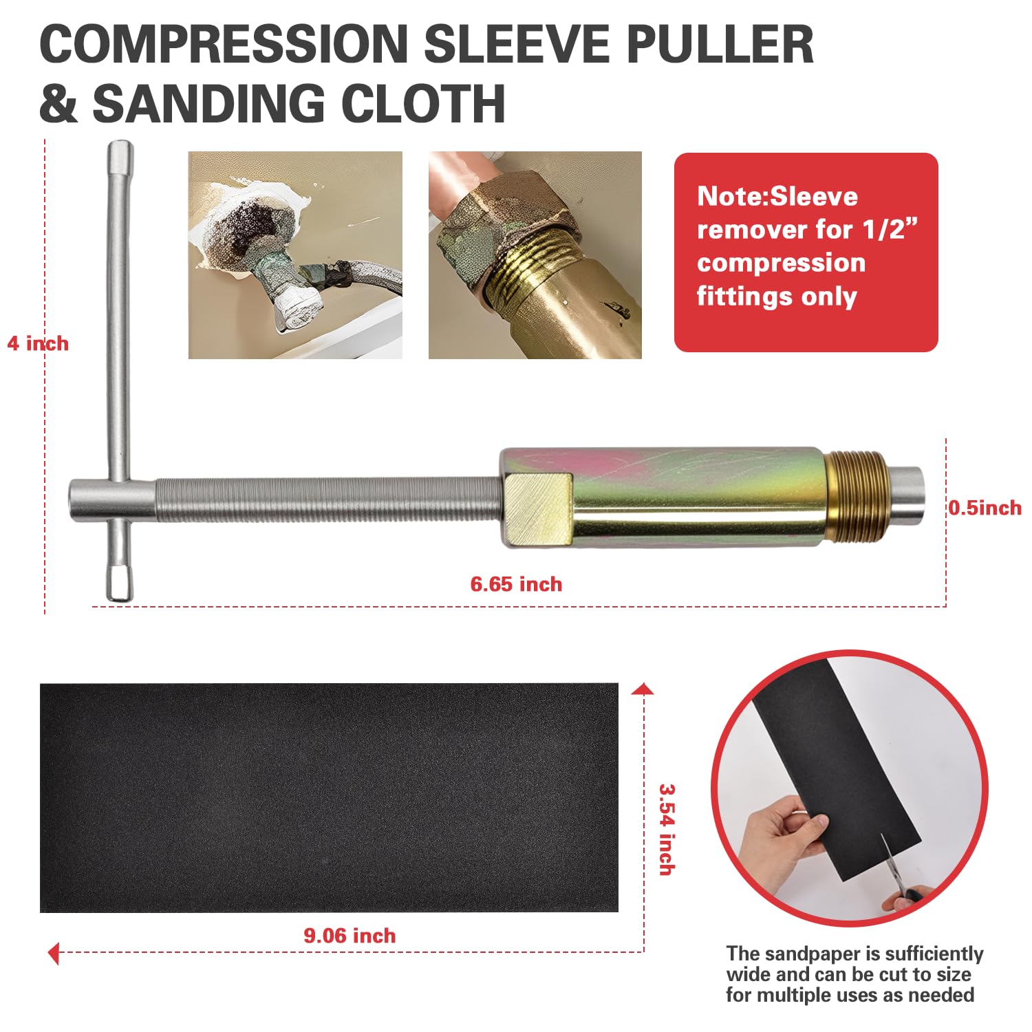 Kit de 6 herramientas de fontanería con llave de tope angular y extractor de manga de compresión de 1/2 pulgada, llave de fontanero profesional, papel de lija y bolsa de almacenamiento para