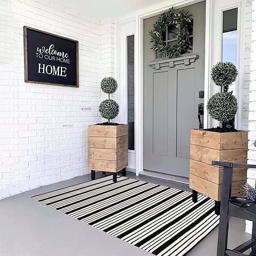 MUBIN Alfombra de algodón a rayas blancas y negras de 3 x 5 pulgadas, reversible, tejida a mano, lavable, para porche, entrada principal.Para