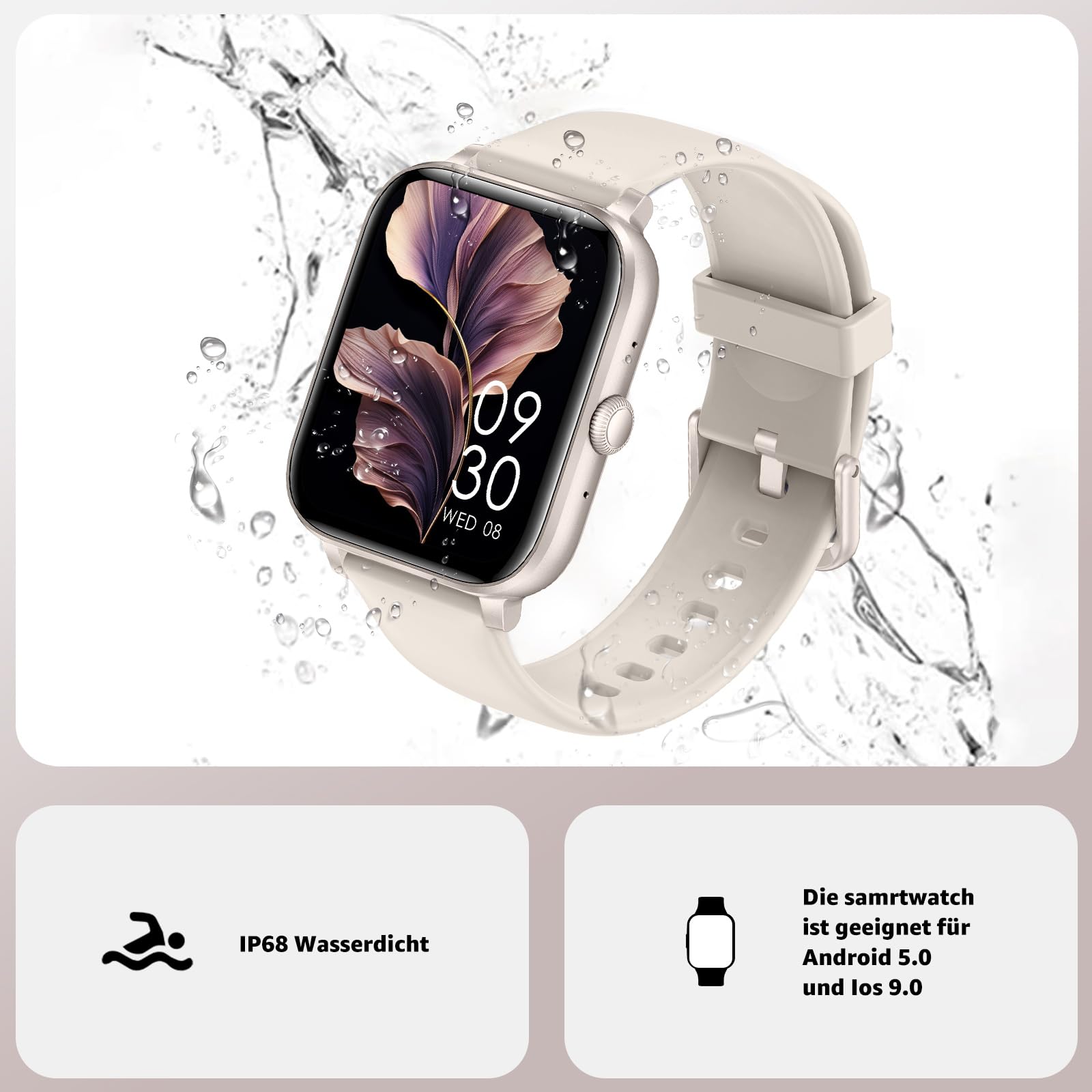 Smartwatch Herren Damen, 1.85" HD Intelligente Uhr mit Bluetooth-Anruf, 130+ Sportmodi mit Herzfrequenz/Schlafmonitor/Schrittzähler, IP68 Fitness Tracker für Android iOS Starlight