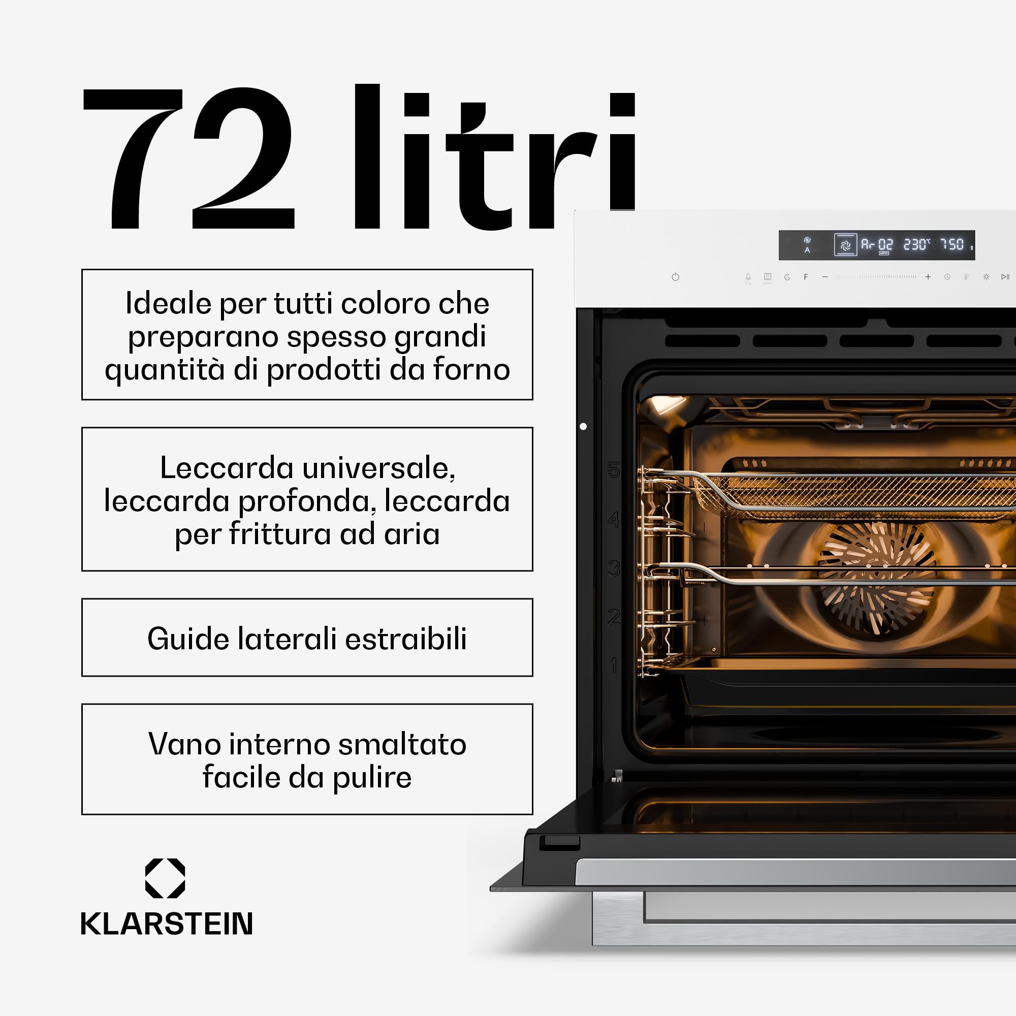 Klarstein Airjet Forno da Incasso 72L - Forno Elettrico Ventilato con Airfryer, 13 Funzioni, Touch, Classe A++, Pulizia Facile, Blocco Bambini, Sonda Temperatura, 60 cm, Bianco