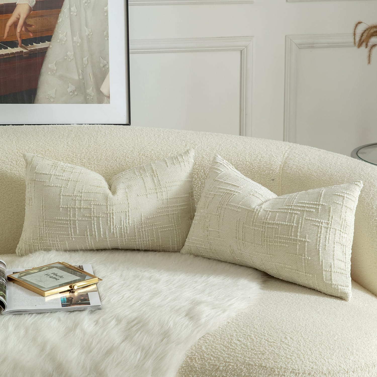 MANDIOO Pack of 2 Soft Chenille Textured Throw Pillow Covers Lumbar Accent Solid Decorative Cushion Cover Cozy Farmhouse Pillow Case for Couch Sofa Bed Living Room 16x24 Inch Cream White