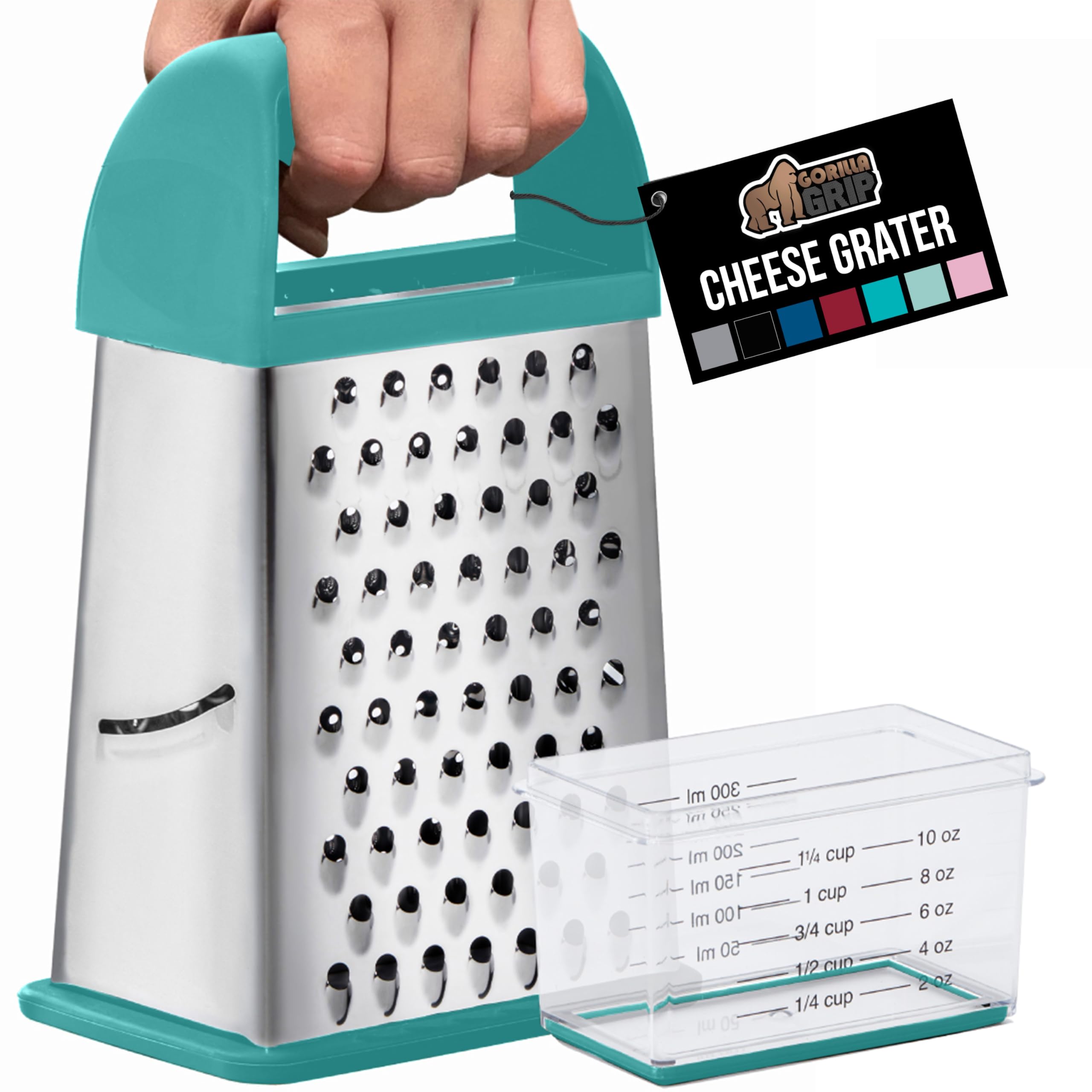 GORILLA GRIP 4-Sided 100% BPA-Free Cheese Grater With Container, Stainless Steel Box Graters, Parmesan Shredder, Grate Cheeses, Shred Veggies, Slip Resistant Handle, Dishwasher Safe Zester, Turquoise