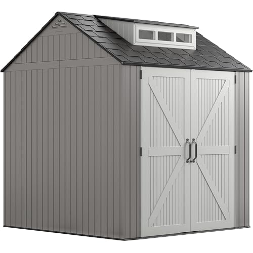 Rubbermaid Resin Outdoor Storage Shed With Floor (7 x 7 Ft) Weather Resistant Gray Organization for Home/Backyard/Garden Tools/Lawn Mower/Bike Storage/Pool Supplies