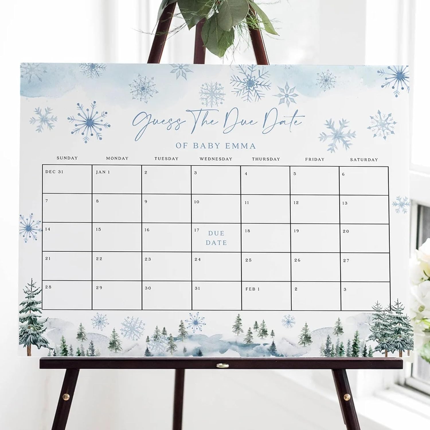 Editable Baby Due Date Calendar Sign, Woodland Baby Shower Calendar Sign, Pine Trees Mountain Birthday Predictions Sign, Baby Due Date Game Sign, Welcome To Guess The Due Date Sign