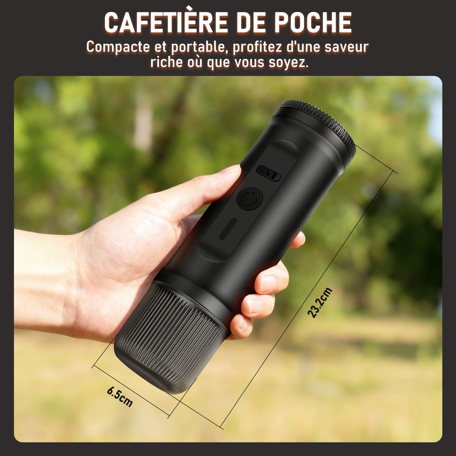 ICARE Machine à Café Portable, Cafetière Portable 2 en 1 pour Capsules NS et Café Moulu, Auto-Chauffante, Recharge USB-C, Indicateur de Batterie, pour Camping, Randonnée, Voyages, Camping-cars (Noir)