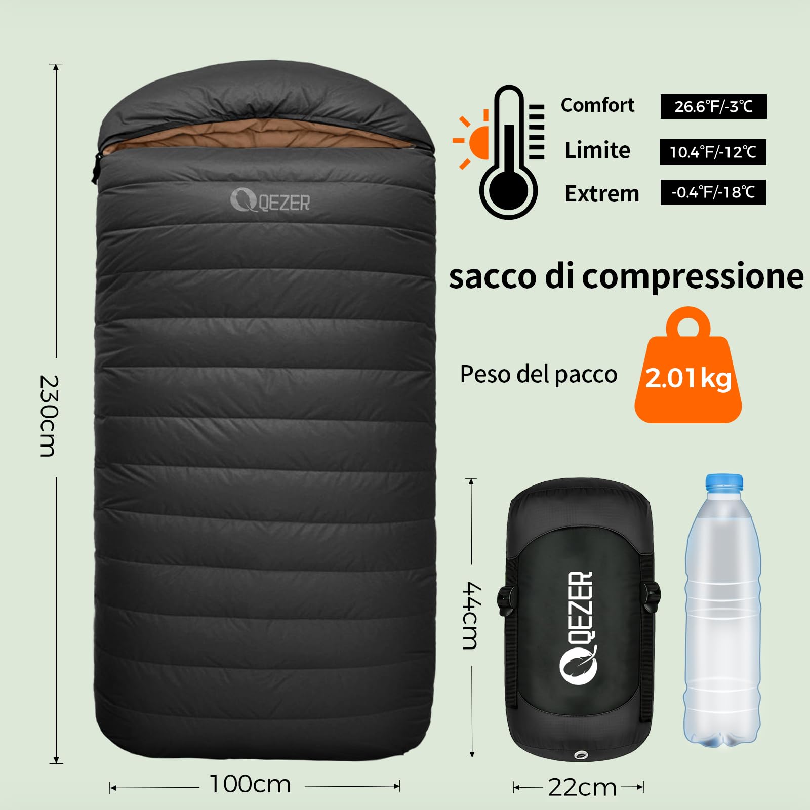 Sacco a pelo XXL per adulti, 800g,230 x 100 cm,extra large Sacco a pelo in piuma, 3-4 stagioni, leggero e caldo,campeggio,Alpinismo,escursionismo e zaino in spalla