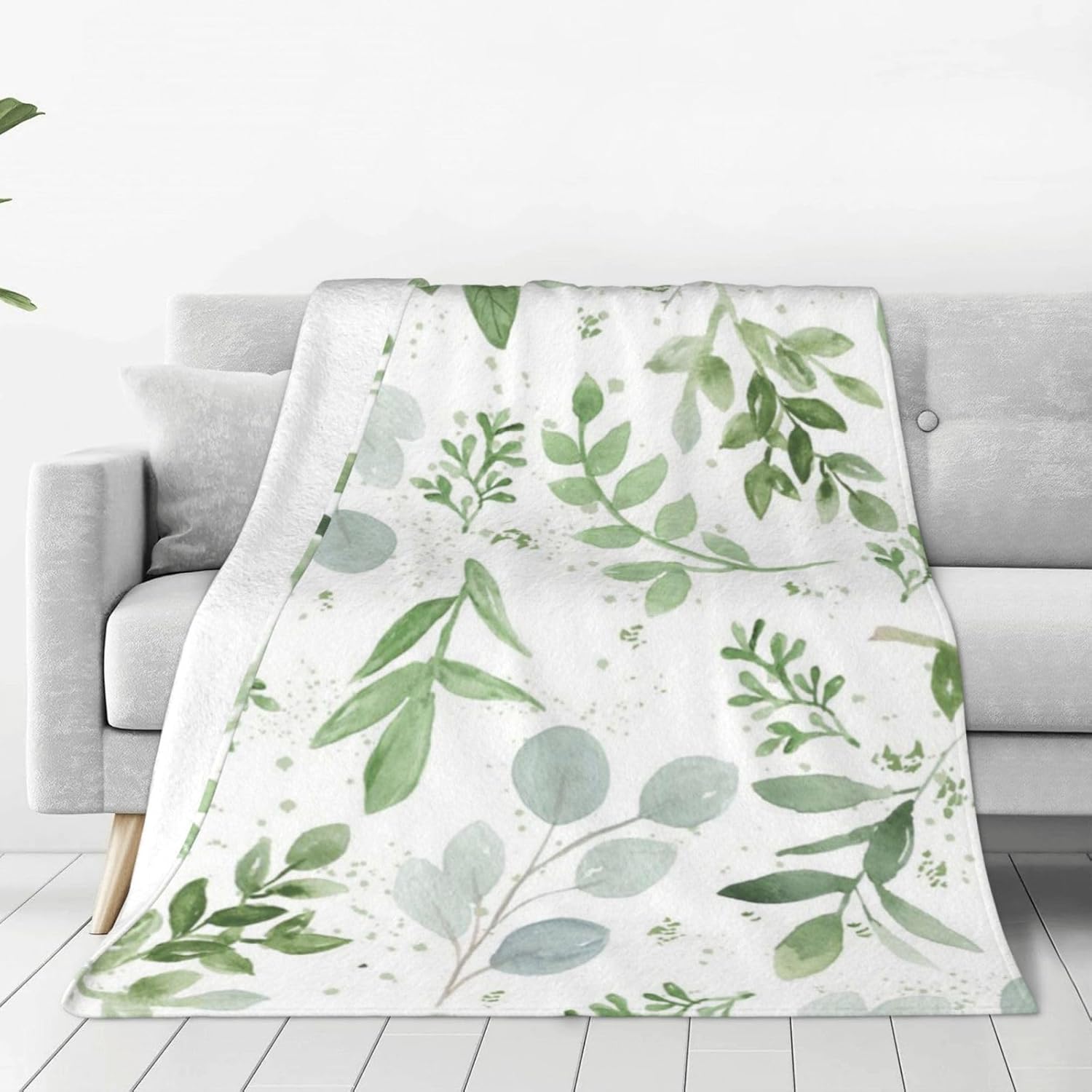 Sage Green Leaves Throw Blanket for Couch, Ultra Soft Micro