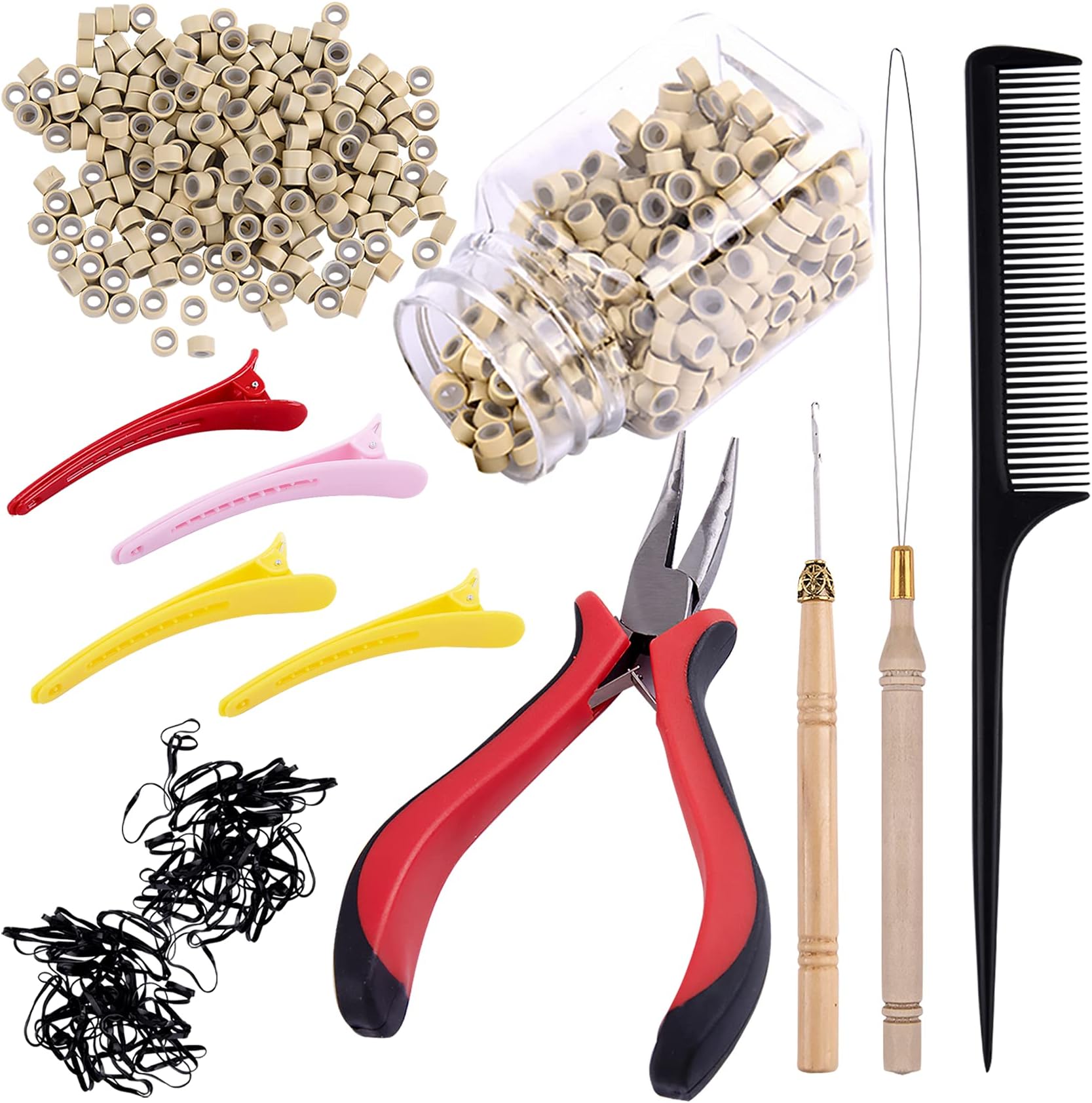 Duufin Hair Extensions Tools Kit 500 Pcs Blonde Micro Ring Beads 1 Pc Micro Beads Plier 2 Pcs Loop Needle Threader Pulling Hook 4 Pcs Plastic Alligator Clips 1 Pc Comb and 2 Bags Mini Rubber Bands