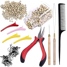 Duufin Hair Extensions Kit 500 Pcs Blonde Micro Ring Beads 1 Micro Beads Plier 2 Hook Needle Pulling Loop 4 Plastic Alligator Hair Clips 1 Comb and 2 Bags Black Mini Rubber Hair Elastic