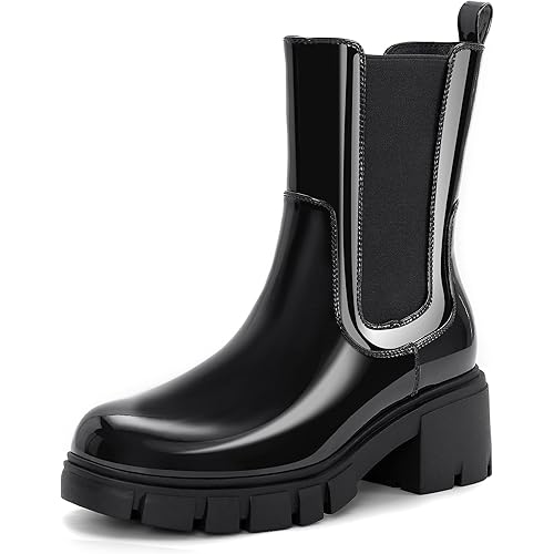 Athlefit Women's Platform Chelsea Boots Lug Sole Chunky Heel Elastic Leather Mid Calf Booties