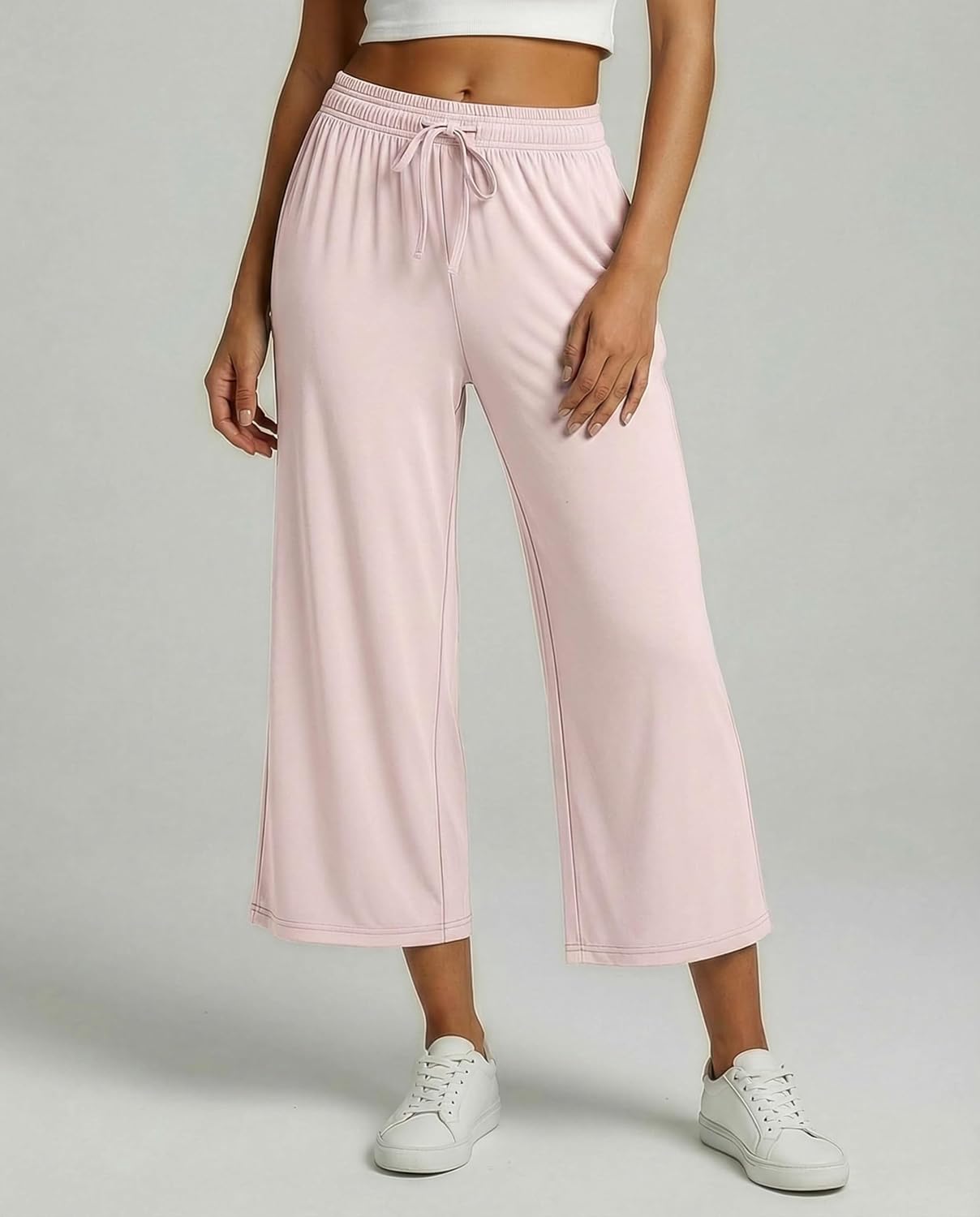 Real Essentials 3 Pack: Women's Ultra-Soft Wide Leg Loose Capri Open Bottom Pants - Yoga Lounge Pockets(Available in Plus) - Image 2