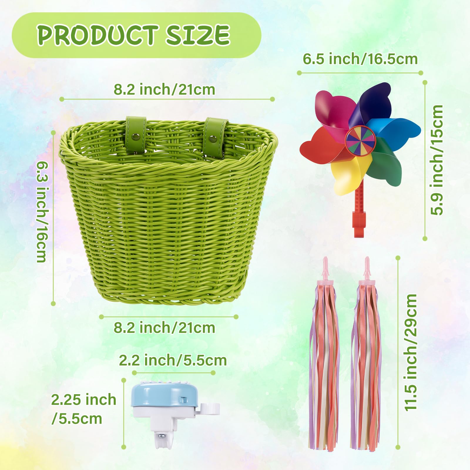 Panier de vélo avant pour enfants, accessoires de vélo pour filles et garçons, panier de vélo tissé avec autocollants, sonnette de vélo, moulin à vent et 1 paire de rubans colorés (panier vert)