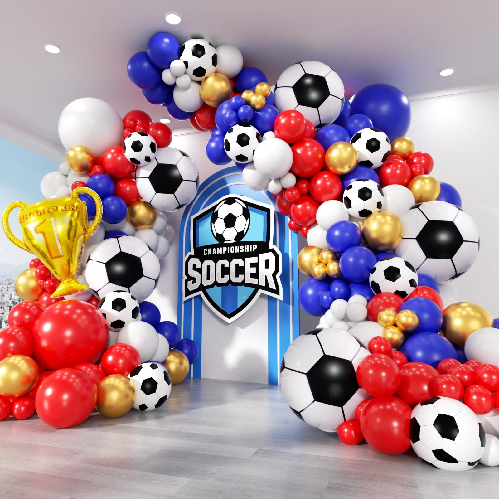 Soccer Party Decorations 161Pcs, World Soccer Balloon Garland Arch Kit with 18'' Football Foil Balloons, Blue Red White Football Print Balloons for Boys Sports Fan Birthday Soccer Party Decor