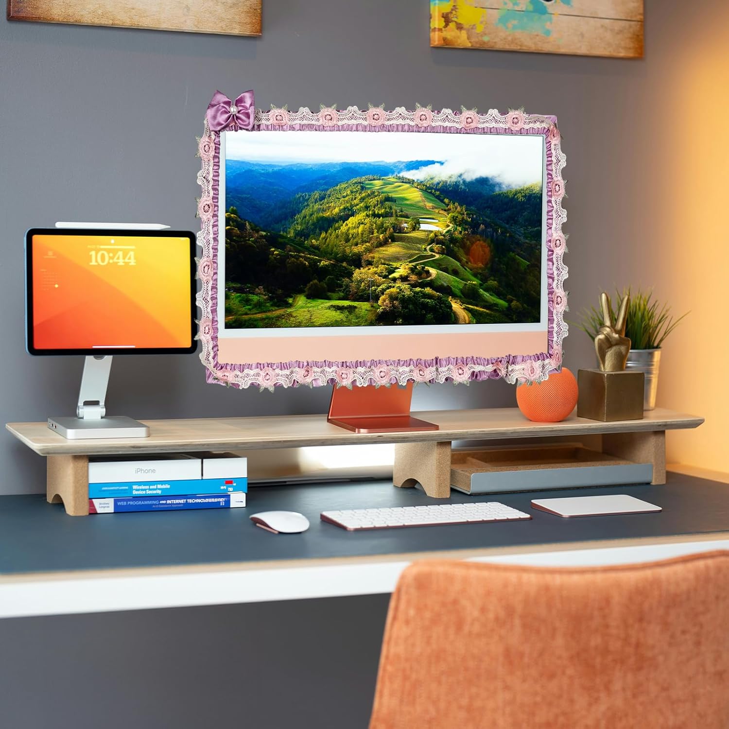 2 Pcs 17''-22'' Cute Computer Monitor Cover with Bow Tie, Lovely Computer Accessories with Lace Design, Monitor Dust Cover Protector (Purple)
