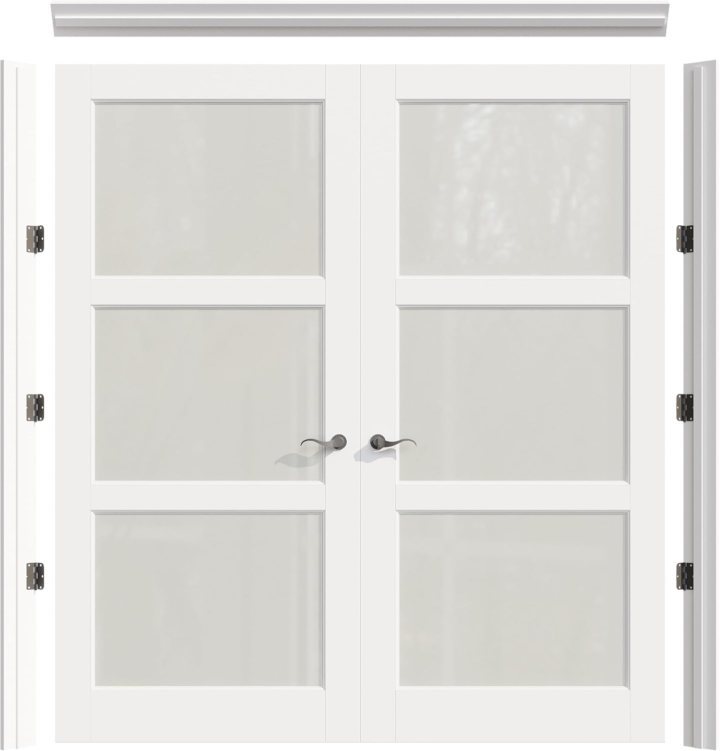 Prehung French Door 72" x 80" (2x36 in), Tempered Frosted Glass Door Slabs with Jamb, Black Hinges, 4 Levers & Latch, Solid Core Interior Door, Pre-Finished & Paintable, MDF Double Doors Interior