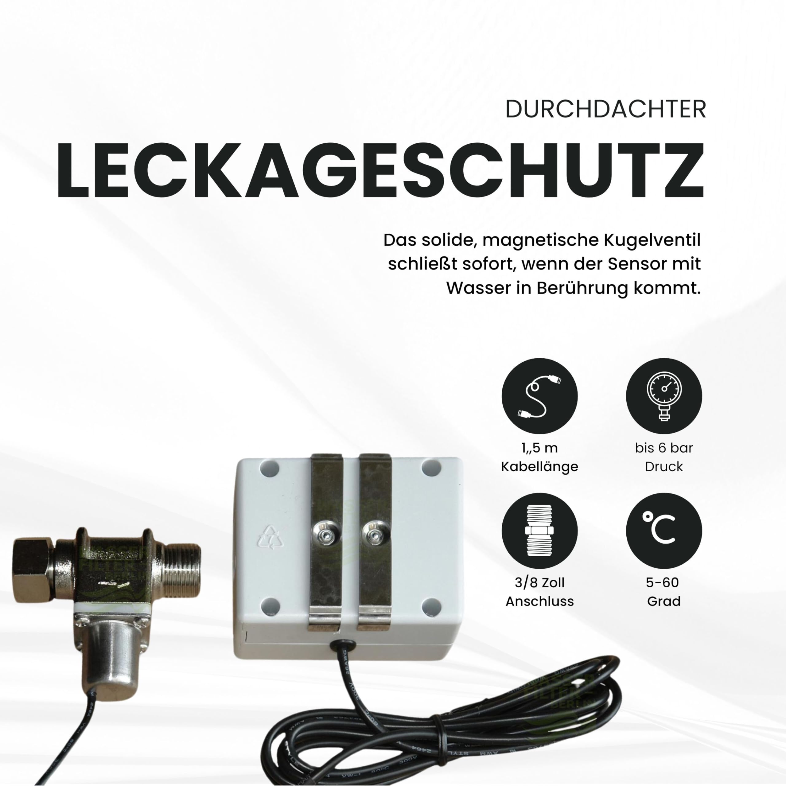 Wassermelder mit Abschaltung, automatisches Magnet-Absperrventil 3/8 Zoll, schließt sofort bei Wasserkontakt die Wasserleitung, schützt vor Wasserschäden, für Filteranlagen, Osmose-Anlagen, Quooka
