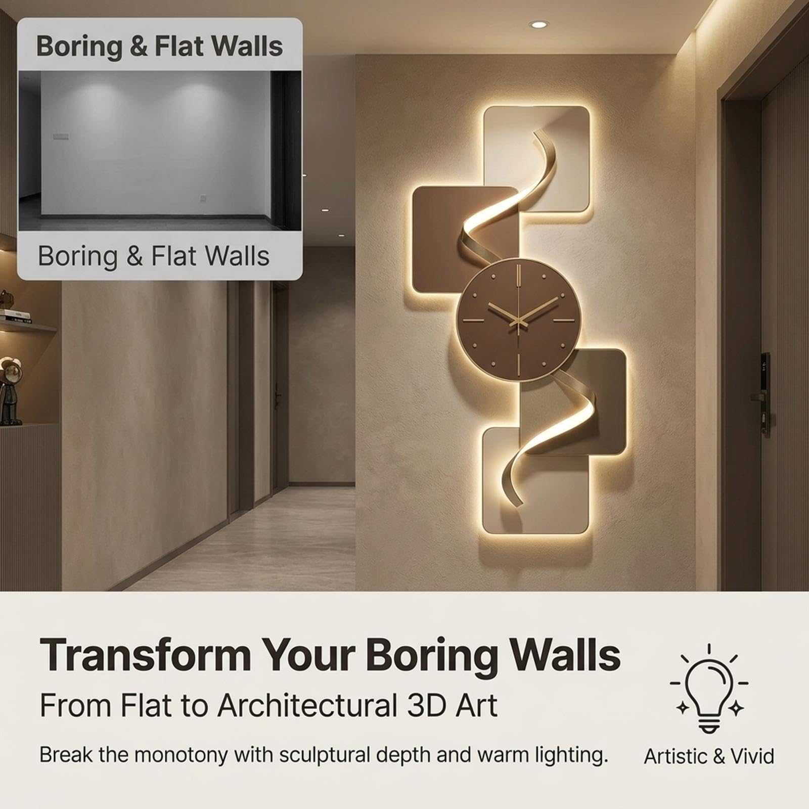 Orologio da parete 3D moderno, orologio a LED con design geometrico | Orologio decorativo, silenzioso, arredamento soggiorno, moderno, luce LED(D-LED,47.2*23.6IN)