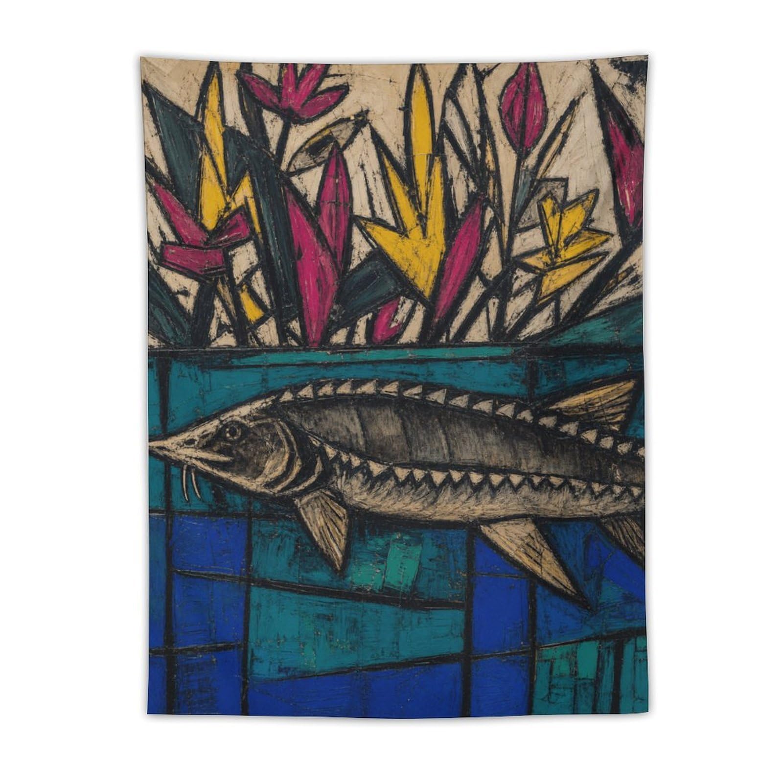 W7C8U2X3 Stained Glass Sturgeon Wall Tapestry, Stained Glass, Blue Window