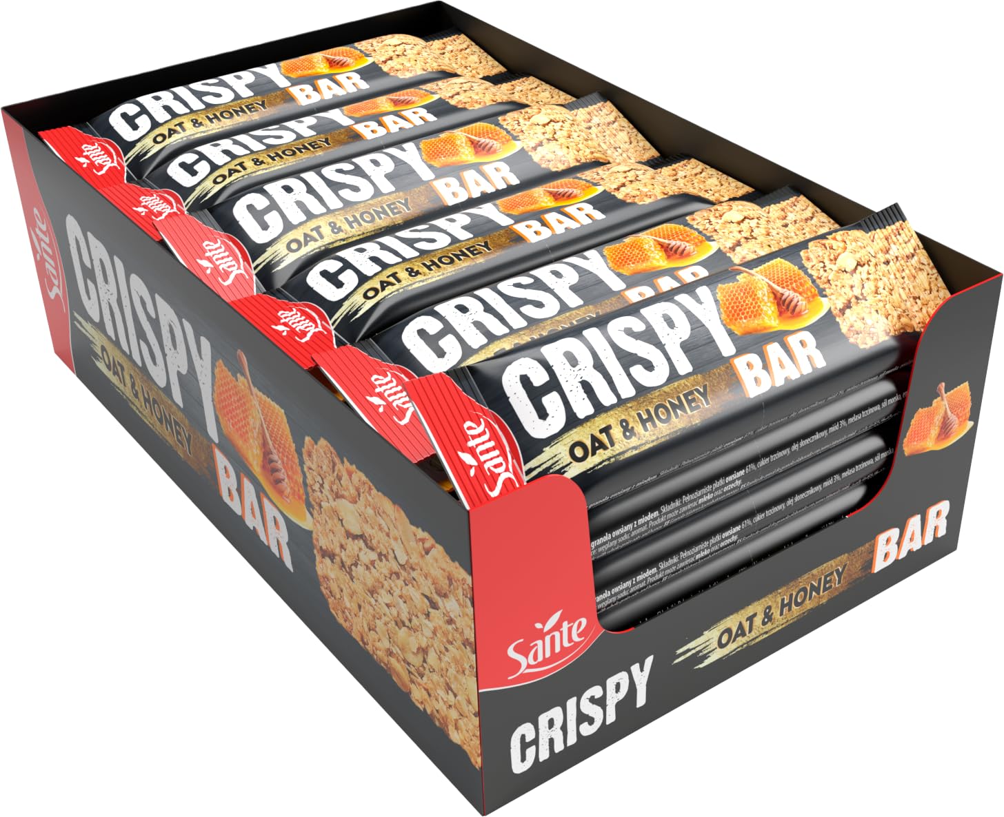 Sante Crispy Bar Baton Owsiany z Miodem, Chrupki Granola, 61% Pełnoziarniste Płatki Owsiane, 40g, Zestaw 24 Sztuki