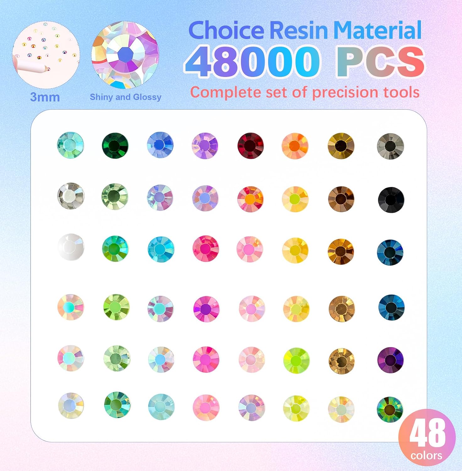 48000Pcs 48 Colors Resin Jelly Rhinestones for Bedazzling, 3mm Multicolor Diamond Gems for Bedazzling kit, Bedazzle kit with 6Pcs 10ml Glue for DIY Crafts Clothes Shoes Nail Diamond Art Makeup