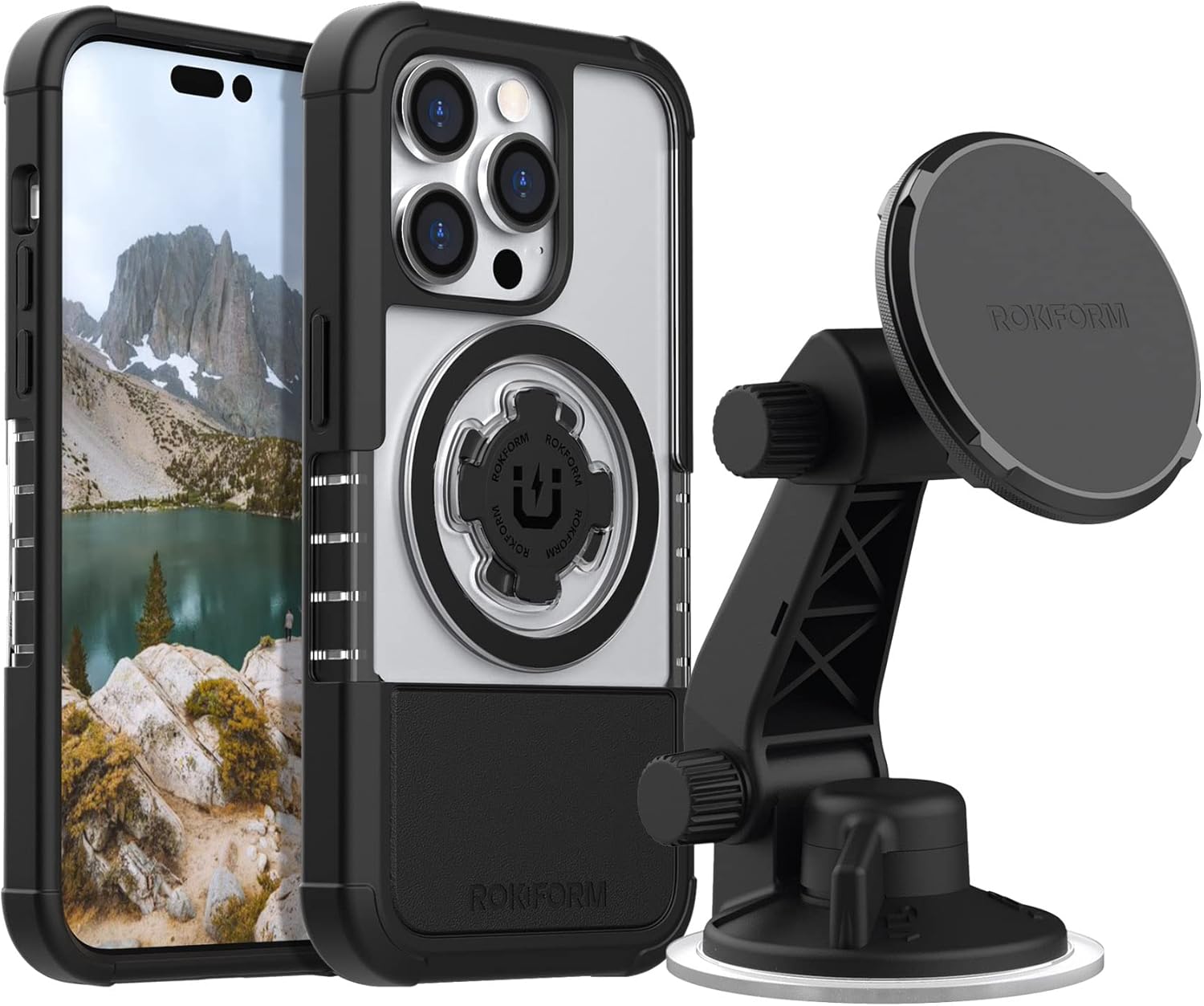 Rokform - iPhone 14 Pro Dual Magnet & MagSafe Compatible Crystal Case + Magnetic Windshield Suction Phone Mount