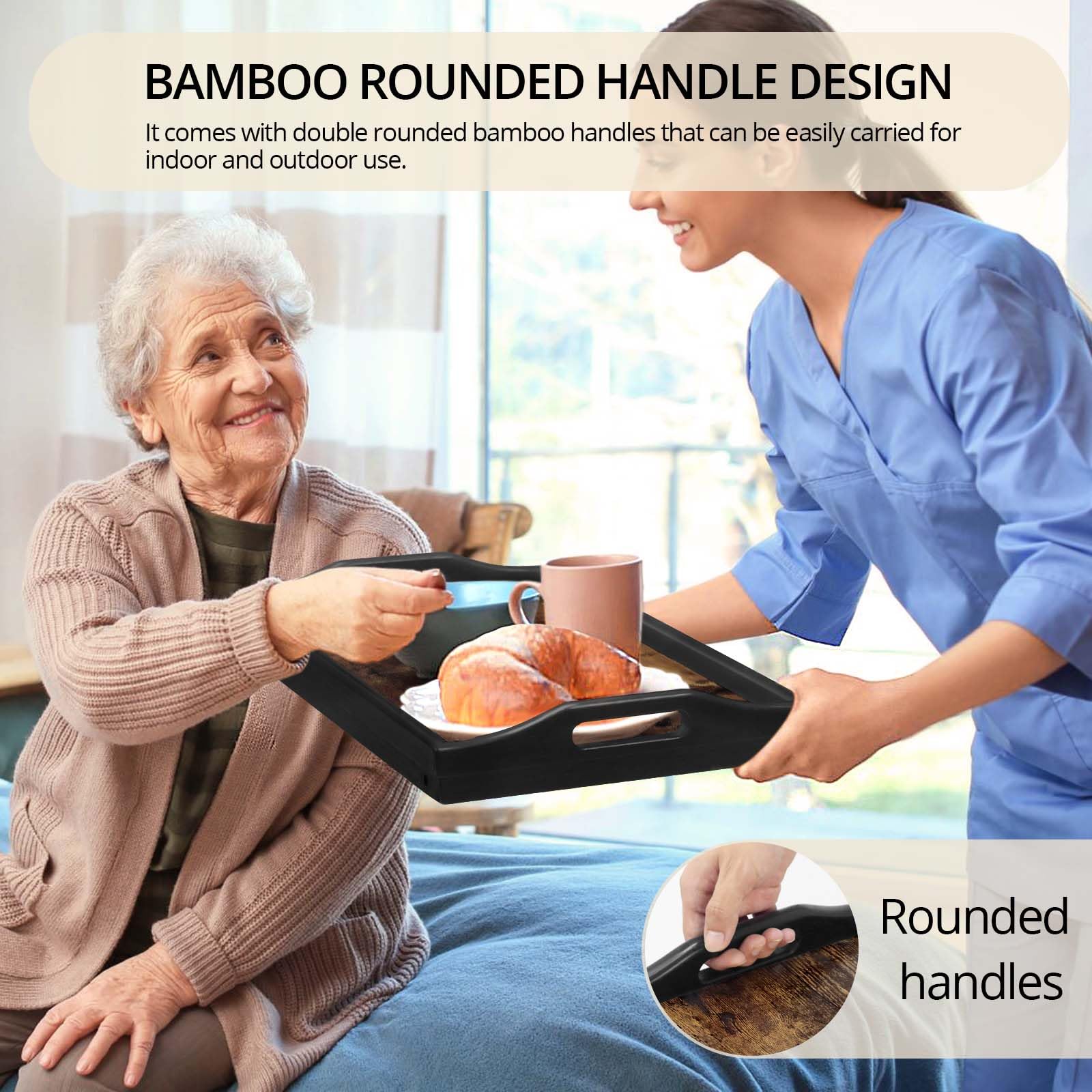 Bandeja de cama, bandeja de desayuno, bandeja de servir, bandeja de bambú, patas con asas y soportes para teléfono