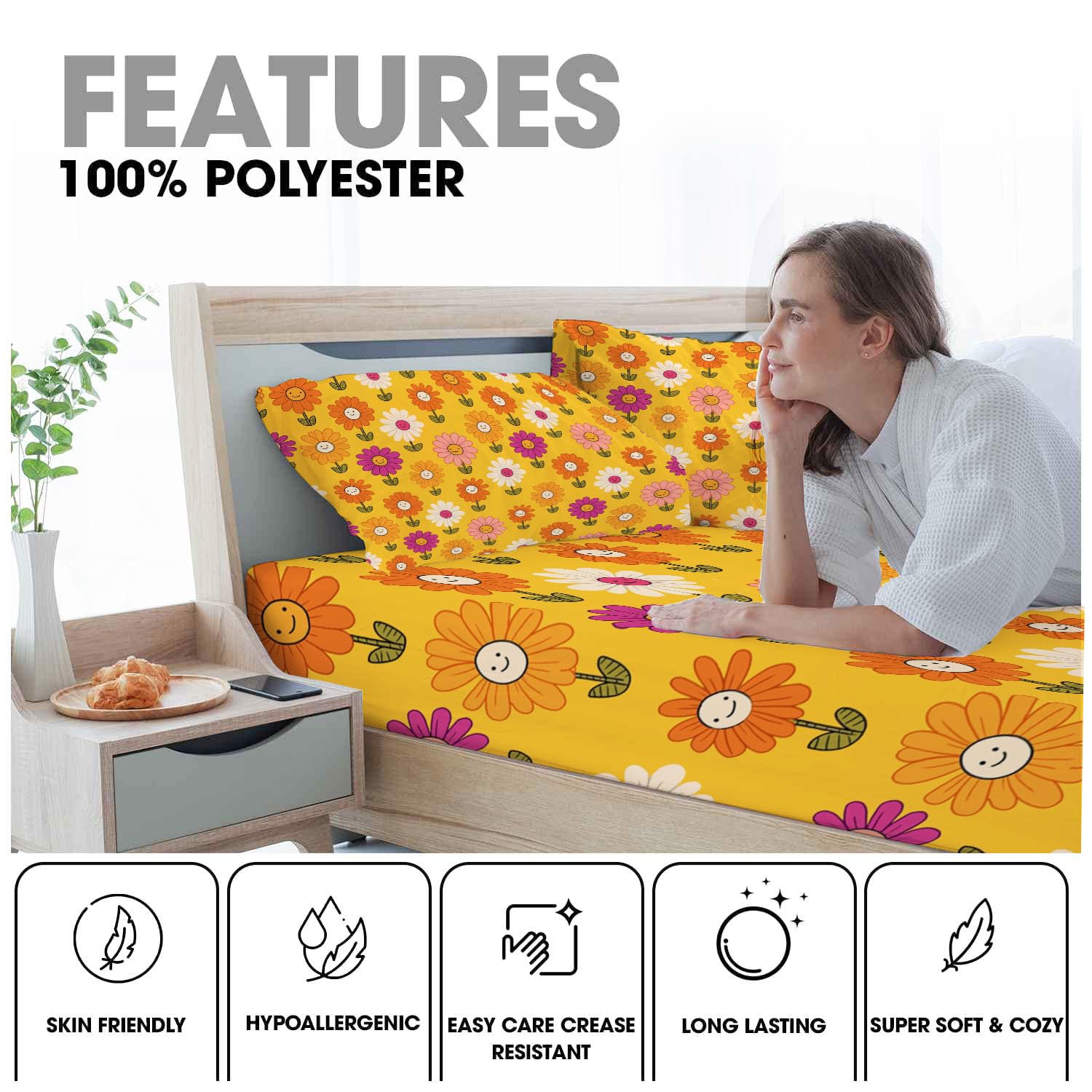 Sábanas 200X190/200Cm - Juego De Sábanas 3 Piezas Estampadas Flores Dibujos Animados - Microfibra Suave Transpirable - Sábana Bajera Ajustable - Ropa De Cama Plantas Interesantes (Naranja Cítrica)