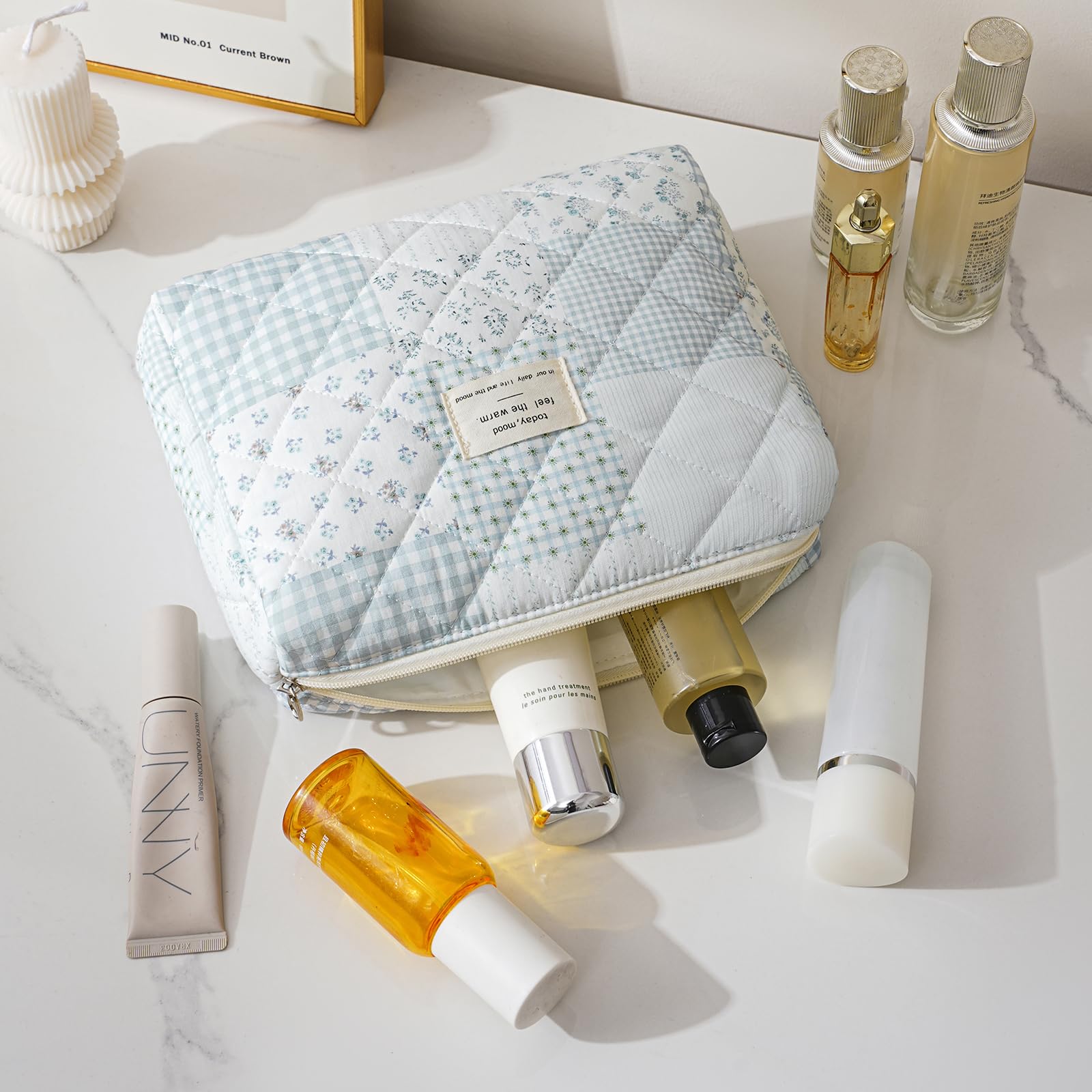 Quilted Cotton Makeup Bag Set, 3-Piece Cosmetic Organizer