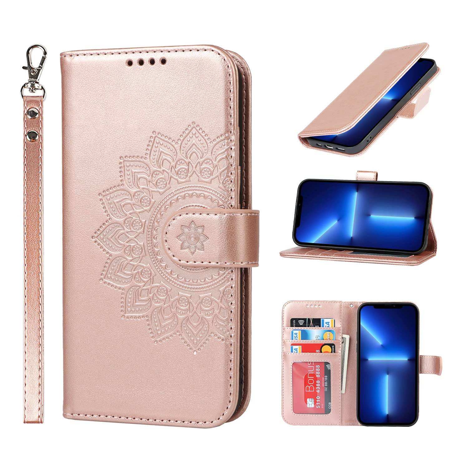 SailorTech Wallet Case for iPhone 13 Pro, Flower Pattern Leather Case Flip Folio Cover with Wrist Strap Magnetic Buckle Kickstand Function Card Slots Shockproof Protective Case Rose Gold