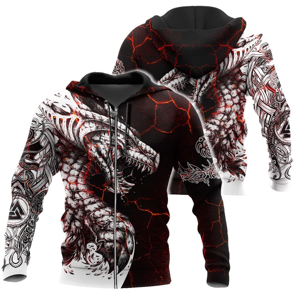 XININXIMEN Odin viking Ravens zip hoodie warriors Nordic Mythology Patten Casual Taille Plus zip up (3XL,Dragon)