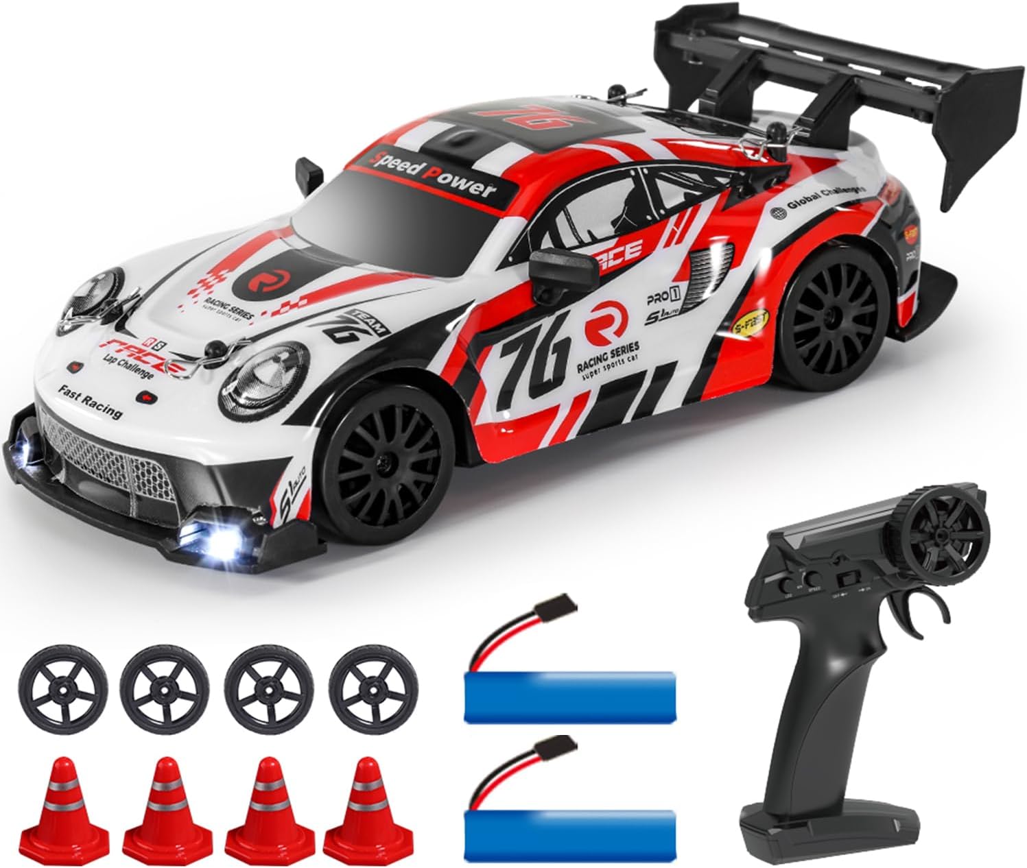 - 1:24 Scale RC Drift Car 4WD 2.4GHz 30KM/H High Speed Racing Sports Toy Car with LED Light, Race and Drift Wheel (8606-White)