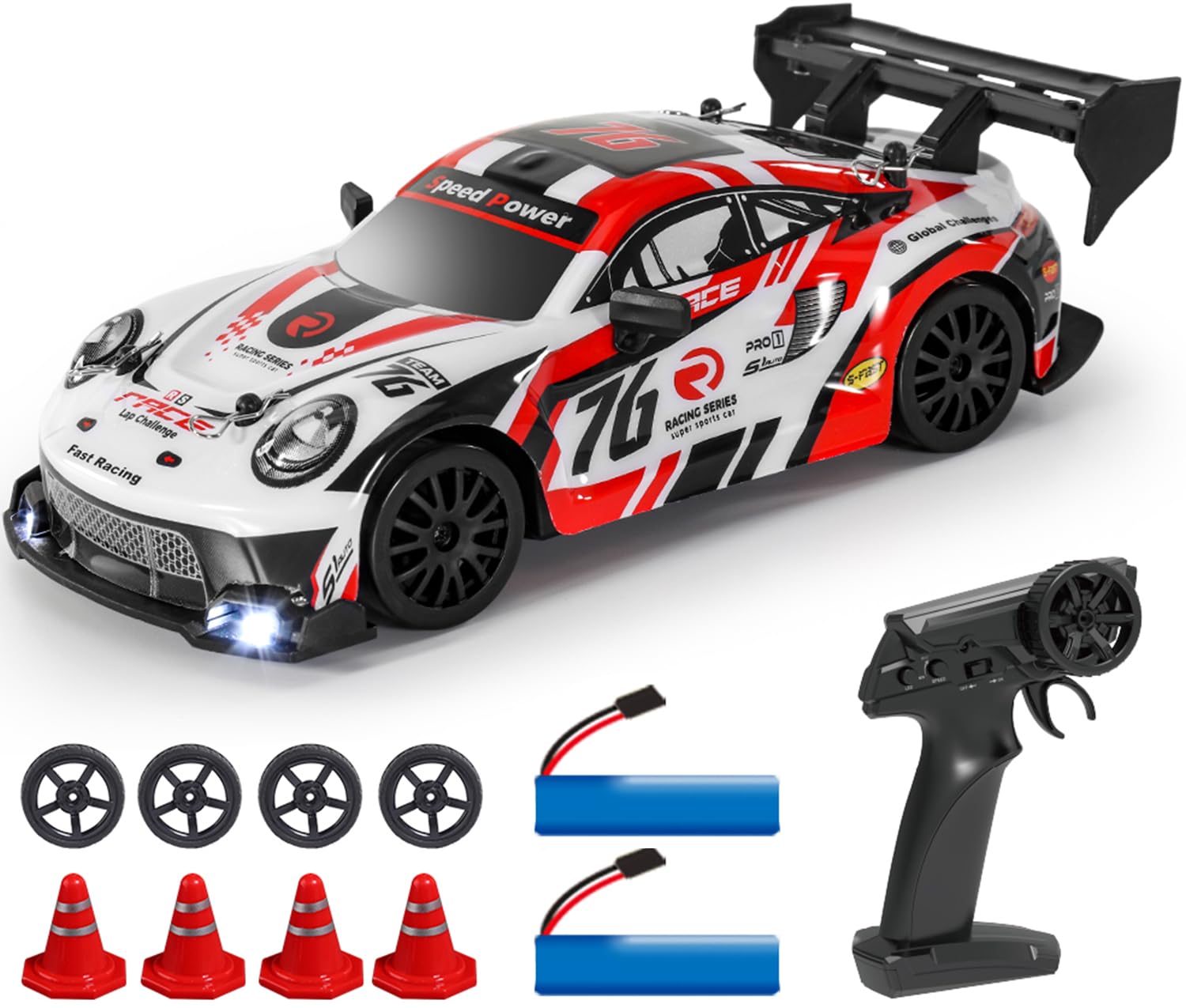 1:24 Scale RC Drift Car 4WD 2.4GHz 30KM/H High Speed Racing Sport Toy Car with LED Lights, Racing and Drift Wheels (8606-White)