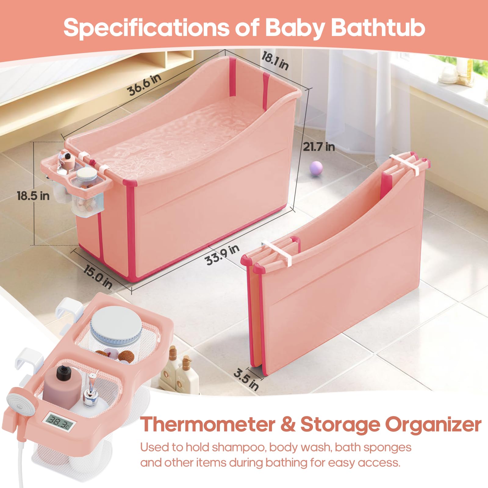 Bañera plegable para bebé portátil con termómetro y almacenamiento (rosa)
