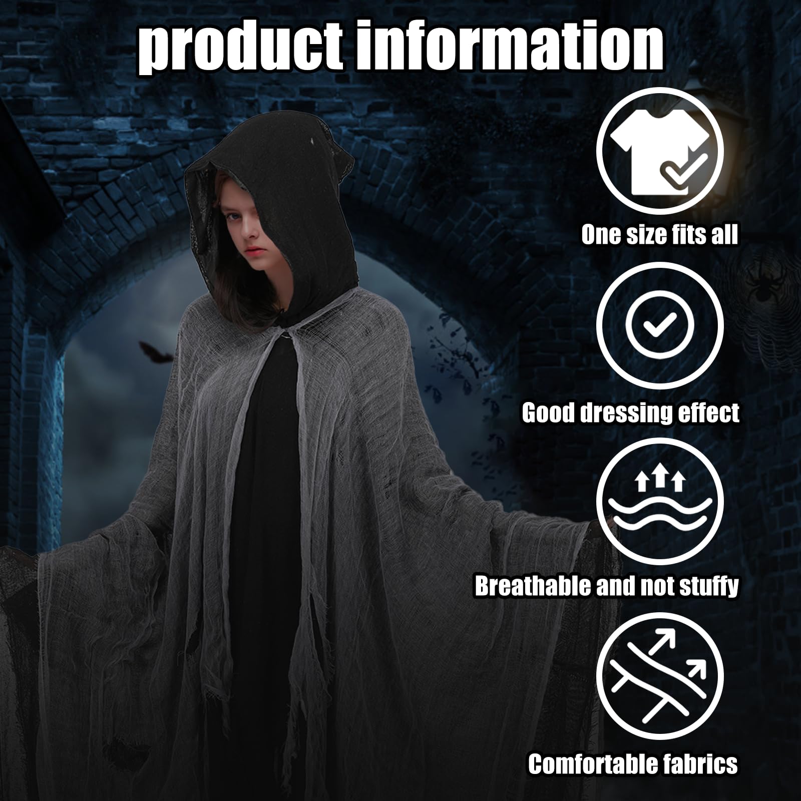 Adults Grim Reaper Cloak, 3PCS Halloween Death Hooded Costume with Robe Scythe Gloves - Image 4