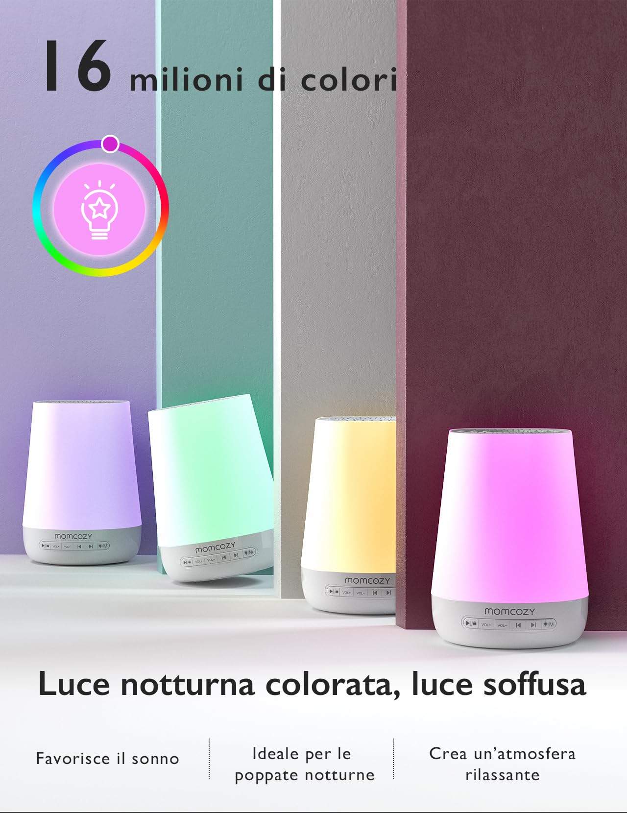 Momcozy Macchina del Rumore Bianco,Macchina del Suono per Bambino Adulto,34 Suoni Lenitivi,White Noise Machine Luce a 7 Colori,Macchina Rumore Bianco Telecomando APP, Funzione di Temporizzazione