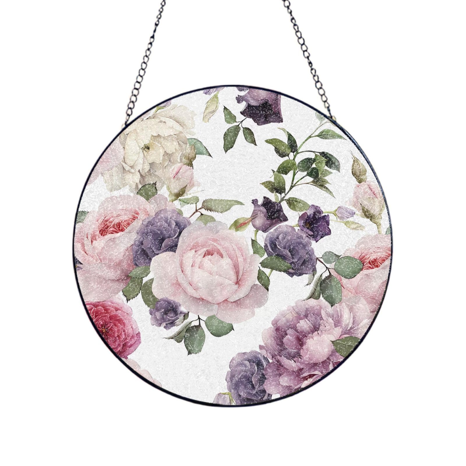 Phayah Rose Print Glass Window Hanging Round Suncatcher Glass Ornament Garden Wall Fence Decorations Indoor Outdoor 12in（30cm）