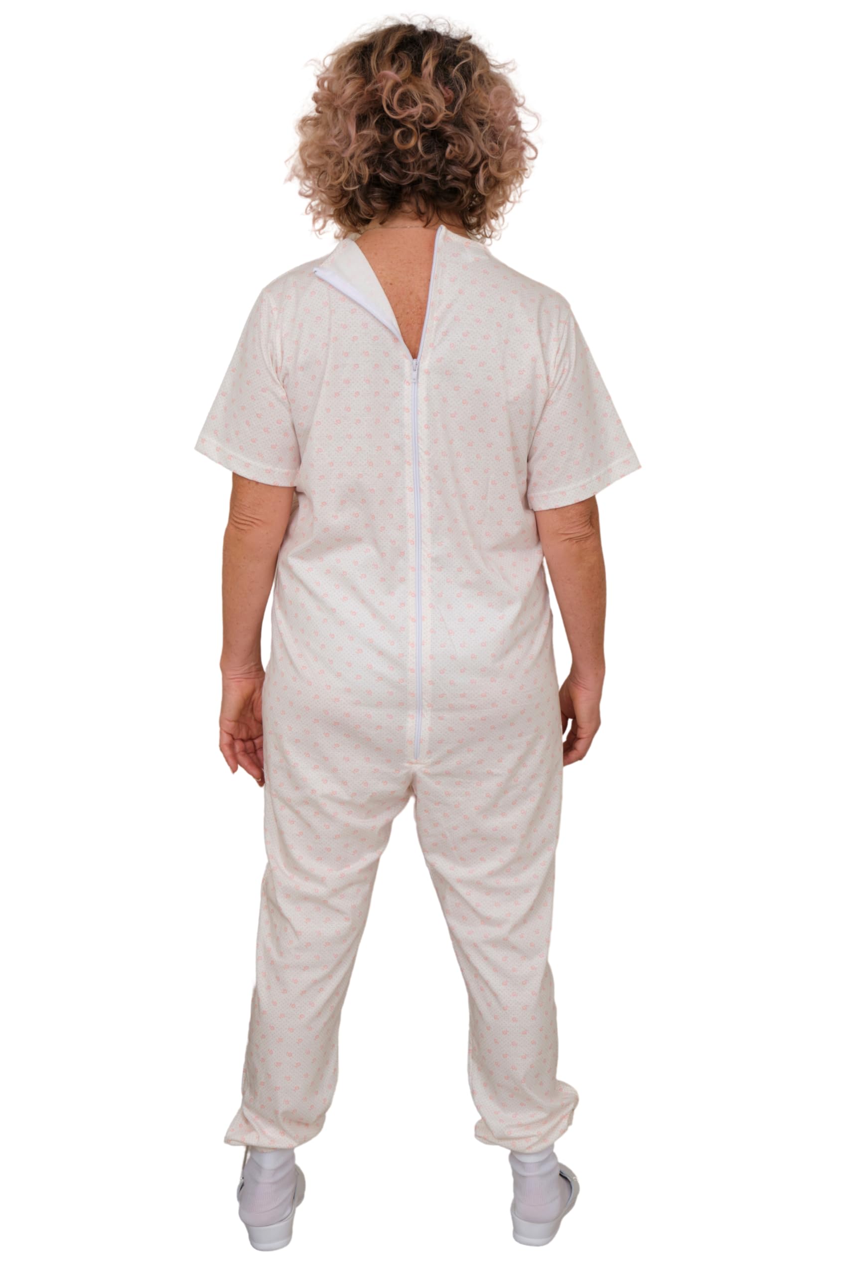 Pijama sanitario con cremallera en el lomo, mono entero 100% algodón, manga corta, pantalón largo - 9012/3 - para estaciones intermedias, tejido ligero, para ancianos, Alzheimer, incontinencia