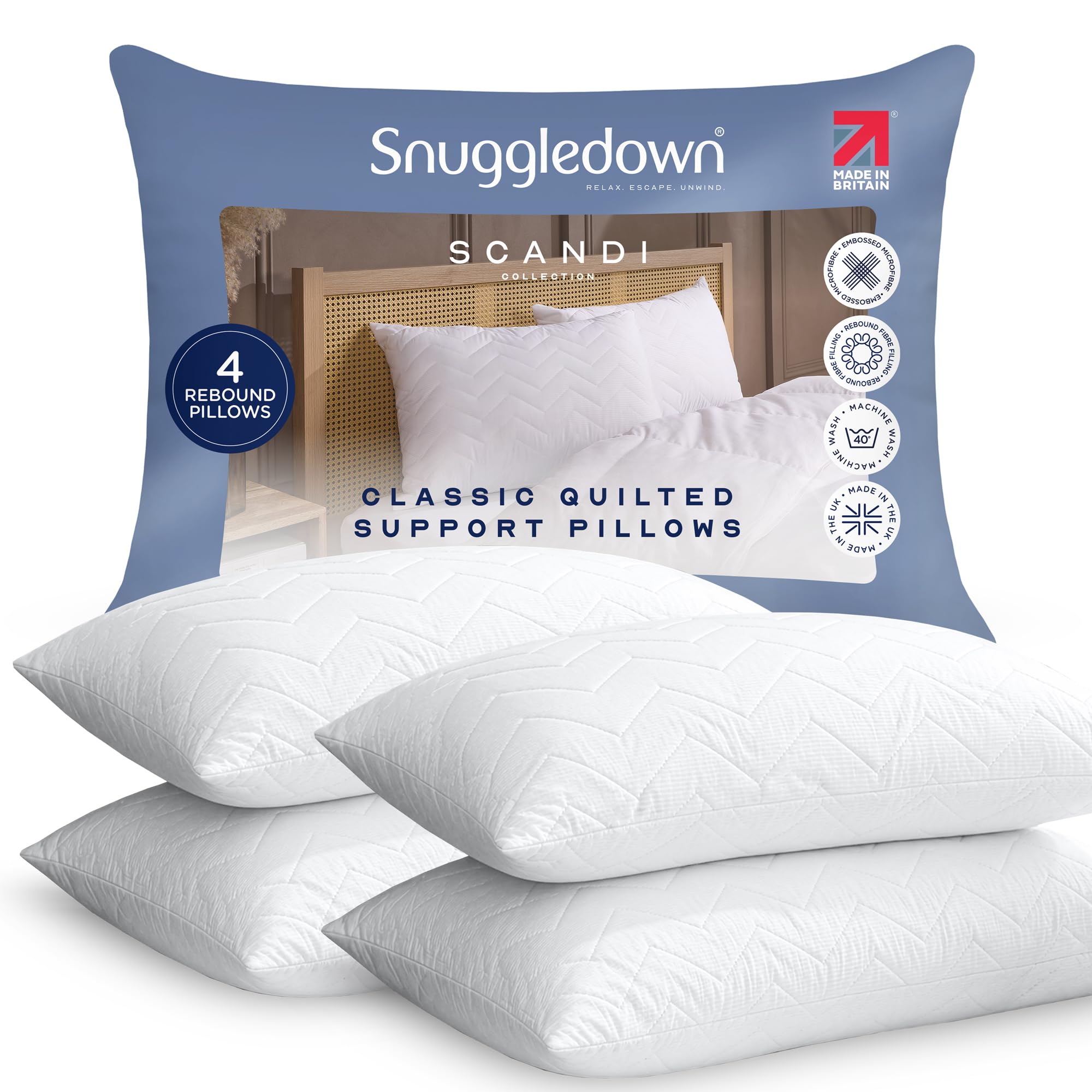 Snuggledown Scandi Rebound Pillow, Firm Support, 4 Pack in White