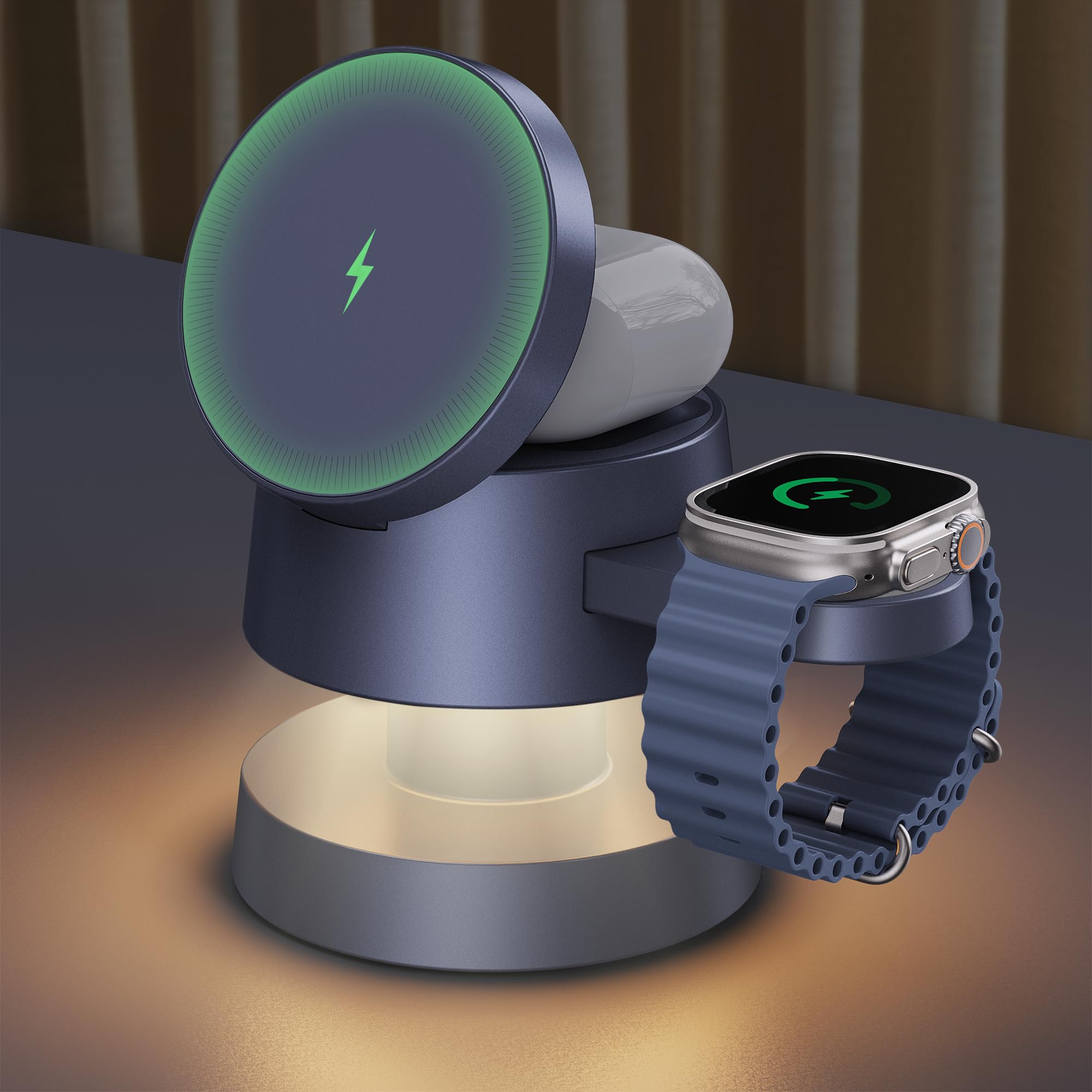 iVANKY 4 in 1 Caricabatterie wireless per iPhone 17 Stazione di ricarica con luce notturna, Qi2 15W 3 in 1 MagSafe caricabatterie per iPhone 17/16/15/14/13/12/11/Pro/Max, Apple iWatch, Airpods