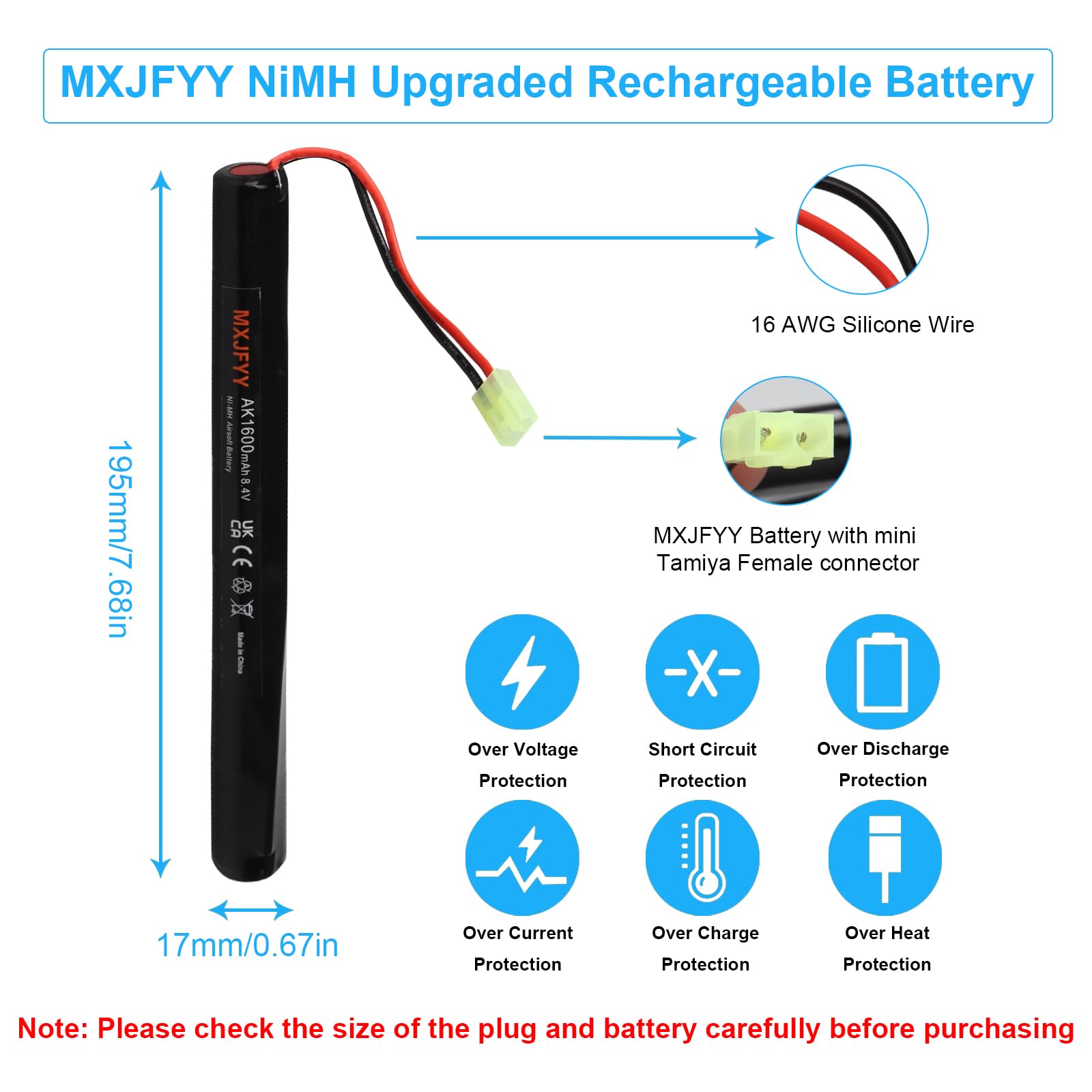 2 pezzi 8,4 V 1600 mAh batteria ricaricabile Airsoft, batteria NiMH 2/3 A per pistole Airsoft RPK PKM G36C AK47 MP5K modelli