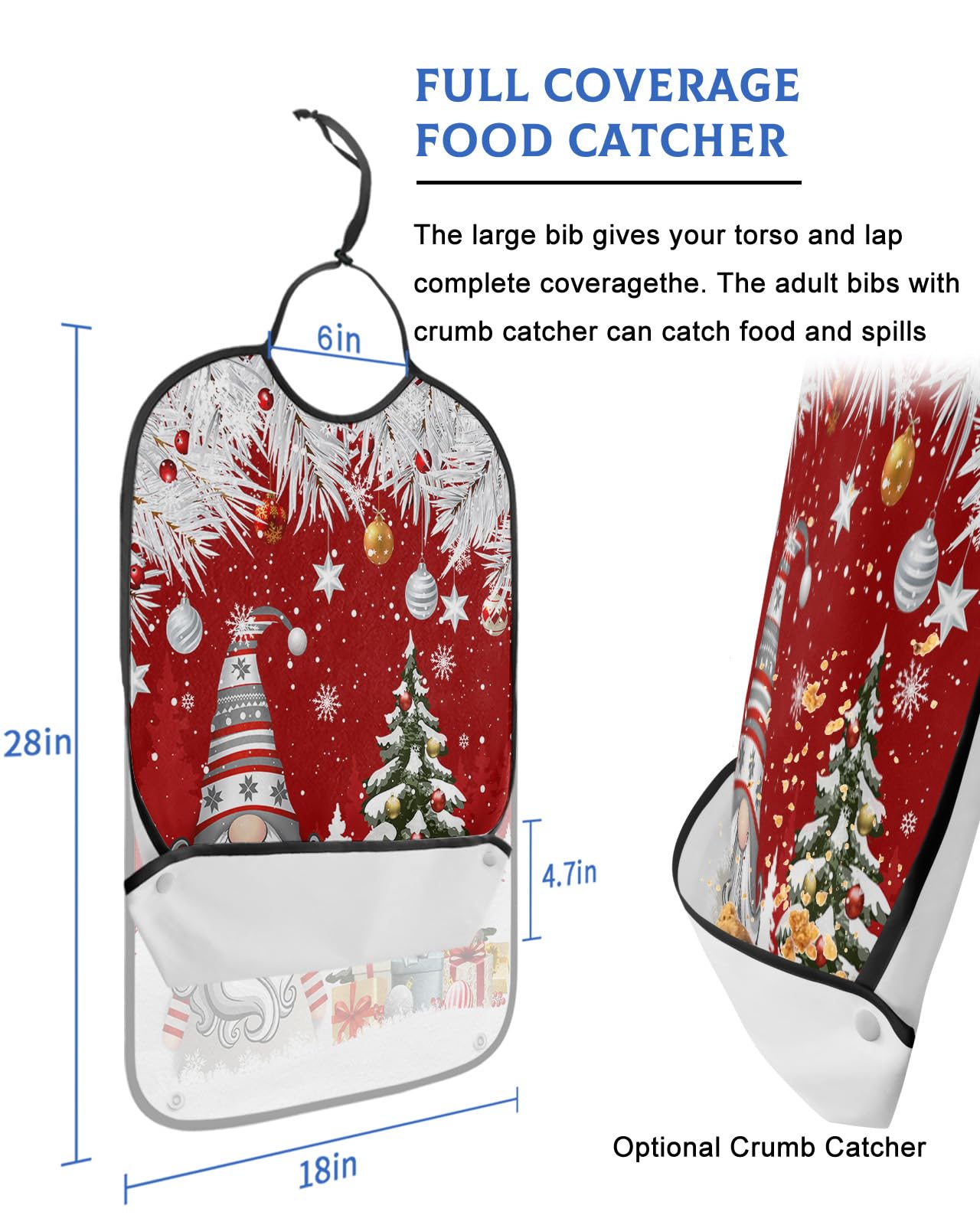 Christmas Adult Bib for Adults Men, Women, Washable & Adjustable Terry Cloth Bib with Crumb Catcher Reusable Waterproof Clothing Clothes Protector Apron Winter Silver Leaf Xmas Ball Snow Gnomes