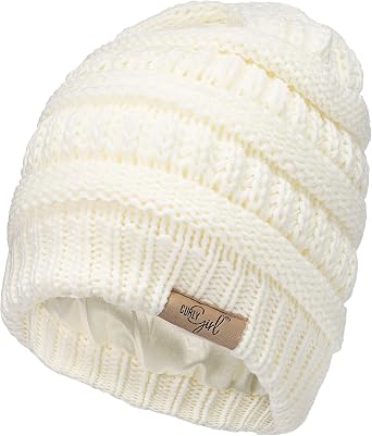 Curly Girl Method Approved Satin Lined Beanie Winter Hat for Women with Natural Curls, Warm Cable Knit Cap for Hair Care