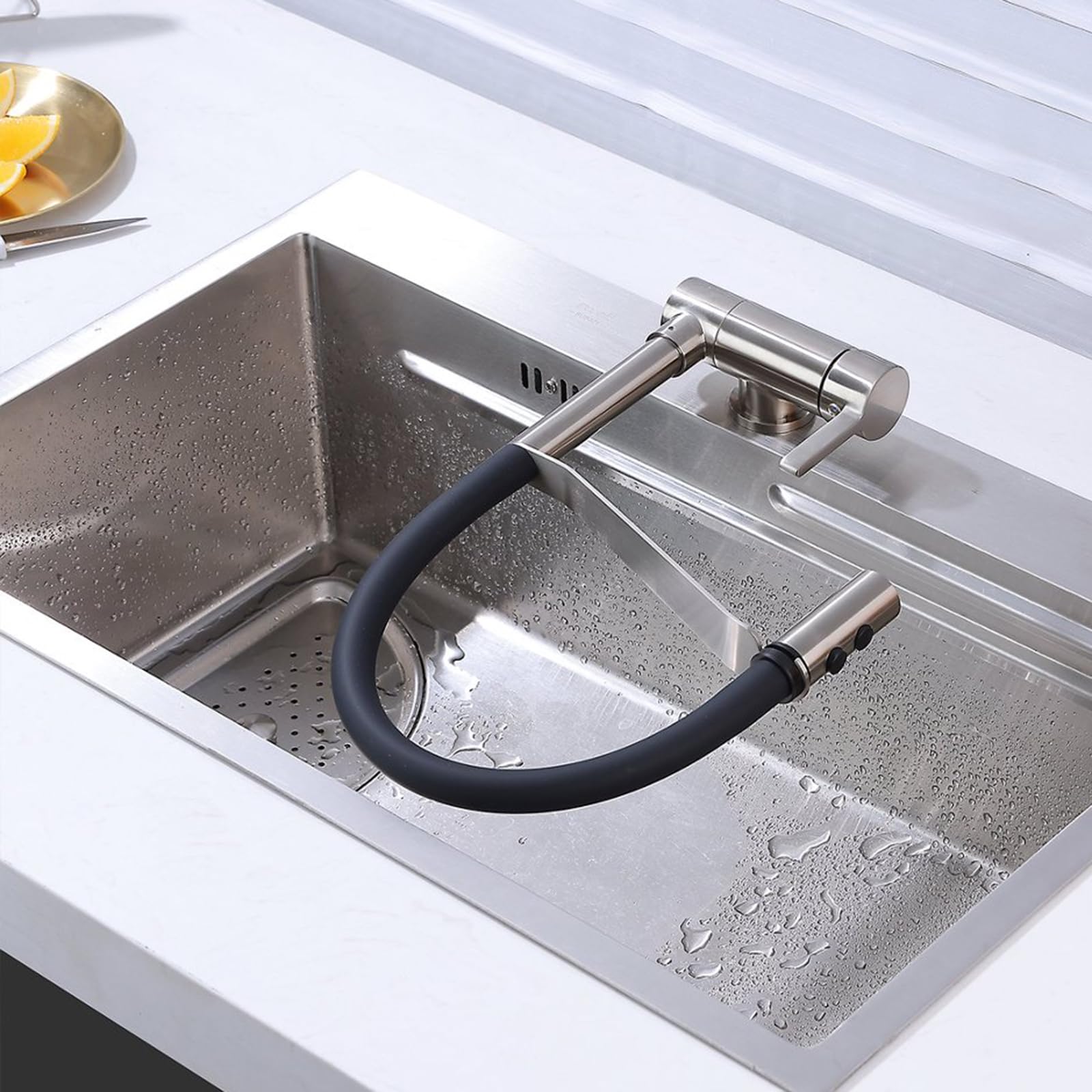 Front Window Kitchen Tap Folding Brushed Sink Taps Mixer 360° Swivel 2-Mode Brass-Brushed
